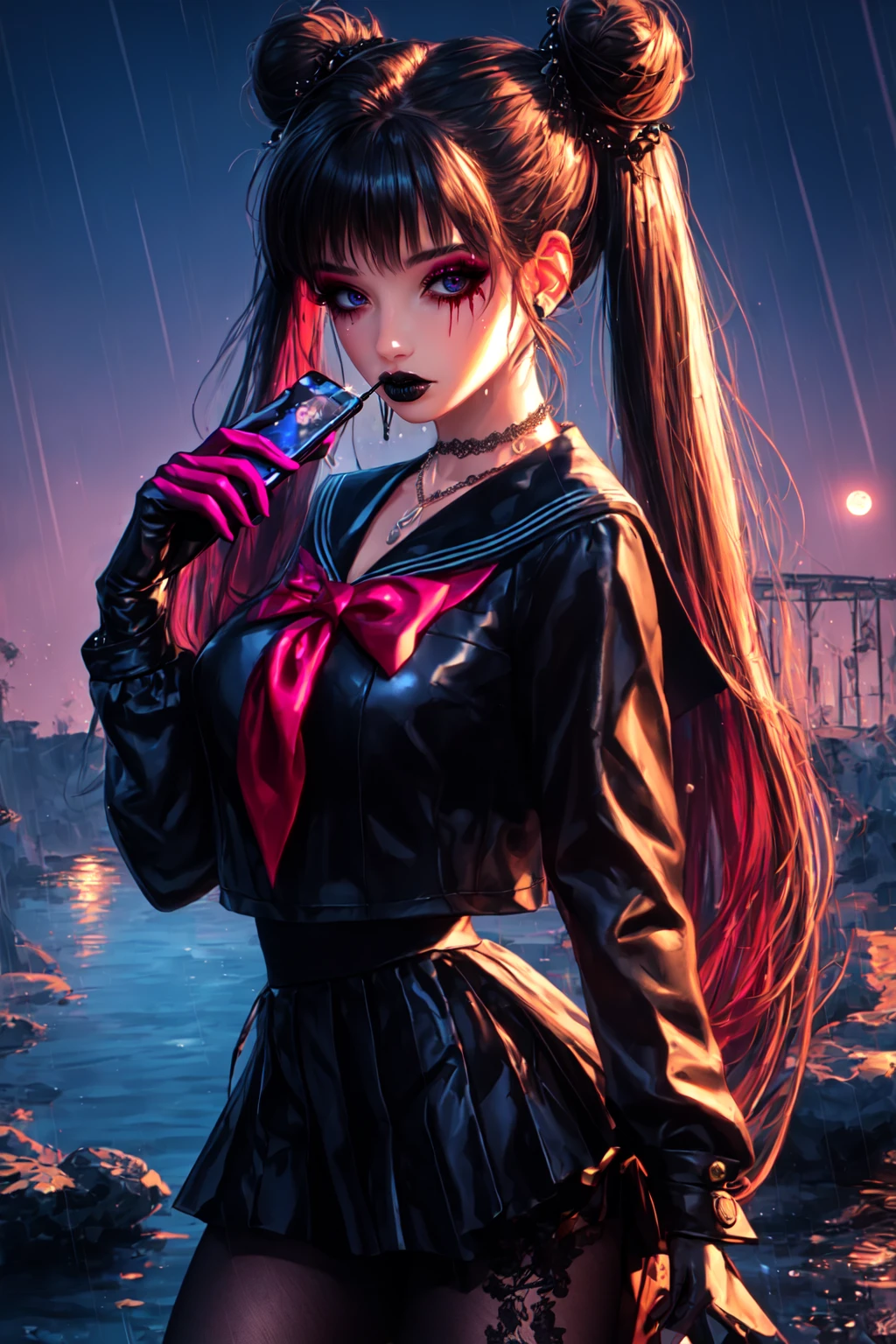 njmjzkz, rainbow, SailorMoonGoth, fantasy, outdoors, particles, water, rain , MoonPoison, AmericanHeritage-Pos Best_QualityPos, <lora:Niji_vs_Midjourney_for_SD_1.5:0.68>