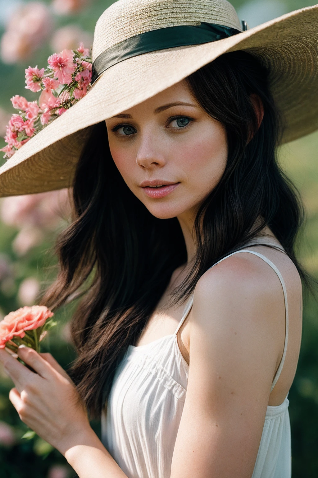 BrookeW_SoloTI_v1, PA7_Portrait-MCU,
(Wearing a flowing floral sundress with a wide-brimmed straw hat and delicate sandals adorned with flower accents, accessorized with a woven basket filled with freshly picked flowers),
(Roaming through a picturesque flower garden, with colorful blooms swaying in the gentle breeze and the sweet fragrance of blossoms perfuming the air, where every pathway leads to a new burst of floral beauty: 1.3),
(seductive:1.3),(analog, cinematic, film grain, hazy atmosphere, cinematic shot:1.3),
<lora:add_detail:0.6>,<lora:LowRa:0>