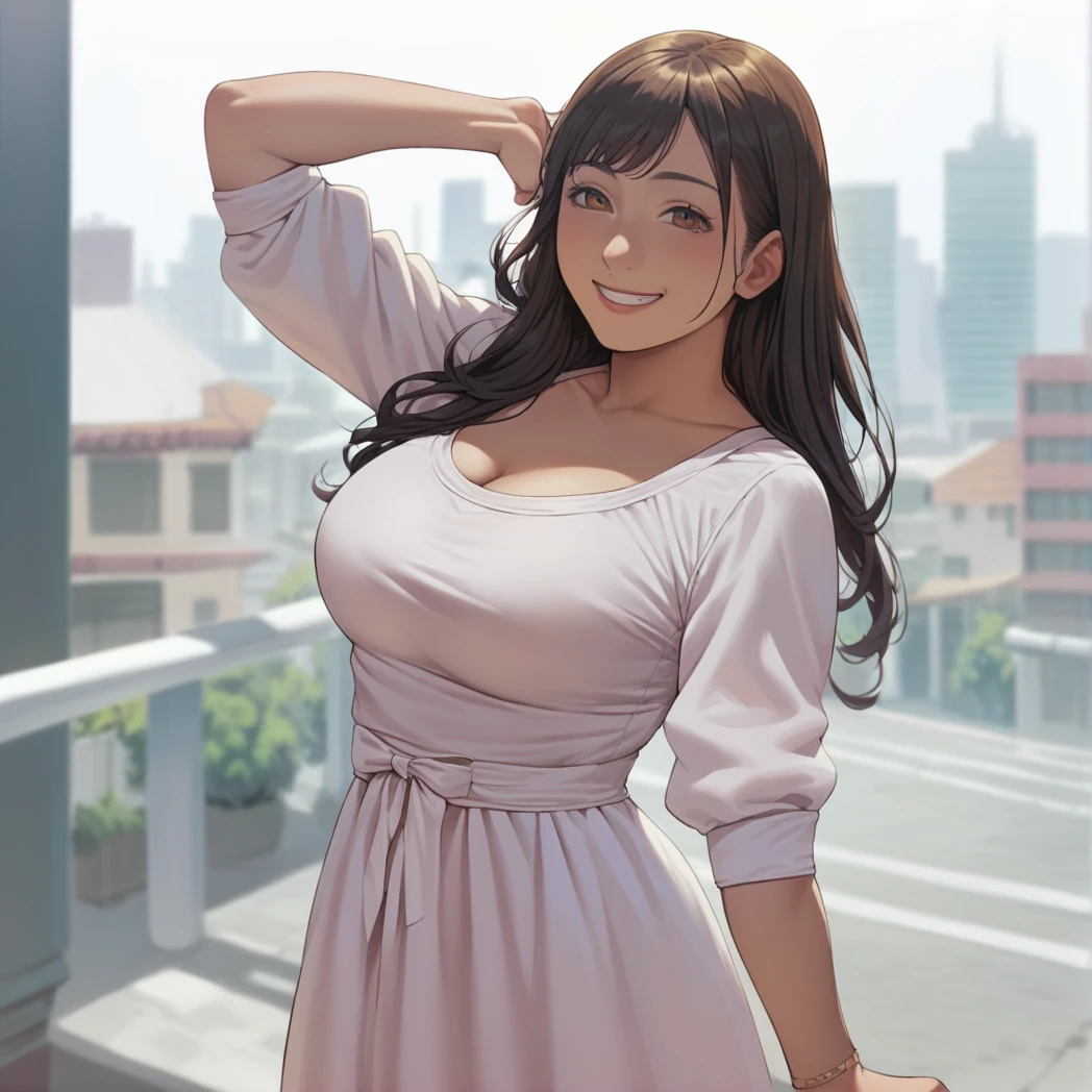 score_9, score_8_up, score_7_up, score_6_up, score_5_up, score_4_up, (Source anime),  (rating safe), Hana himesaki, 1girl, solo, anime style, brown eyes, smile, looking at viewer, city scape, posing, asian, long hair, black hair, large breasts, wide hips,  <lora:Hana_Himesaki_PonyXL:0.5>,  wearing sundress, 2d art, <lora:shexyo style xl:1>, wearing sweater, long dress,