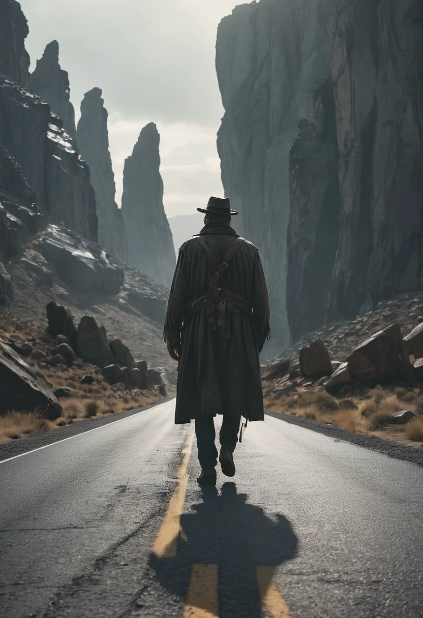 High quality DSLR snapshot, high definition film grain photo taken at f/16, ISO 100, global illumination. Cinematic photo capturing a lone figure standing on a desolate highway, framed by towering rock formations. 35mm film, gritty textures, rugged bokeh accentuating the raw emotion. Professional, 4k, echoing the spirit of defiance and rebellion found in a classic rock anthem. The image evokes the timeless essence of freedom and adventure, inviting viewers to join the journey into the unknown.