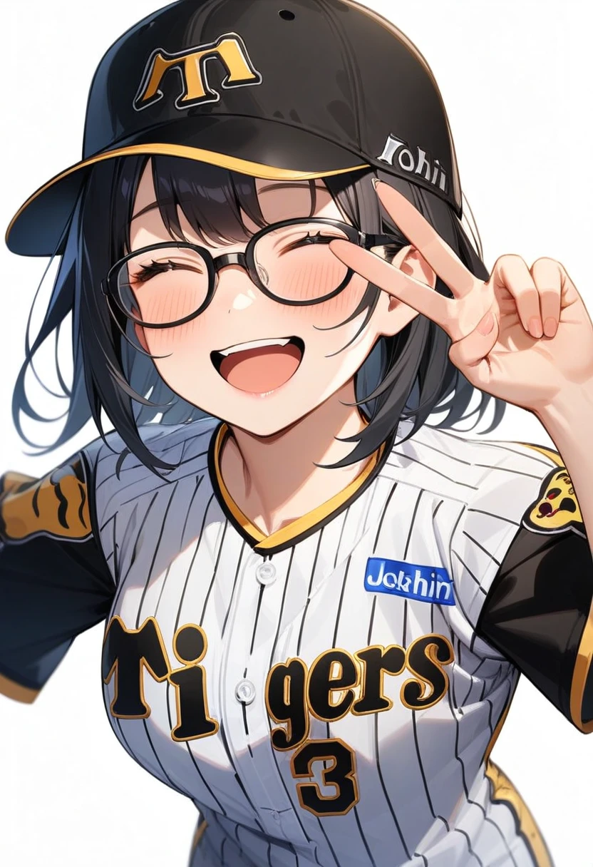 masterpiece, best quality, very aesthetic, absurdres,
1girl, solo, glasses, black hair, medium hair, happy, smile, v, closed eyes, open mouth,
tigers_uniform, baseball uniform, white background, sportswear, simple background, baseball cap, black cap,
<lora:HanshinTigersU_SDXL_V1:1>