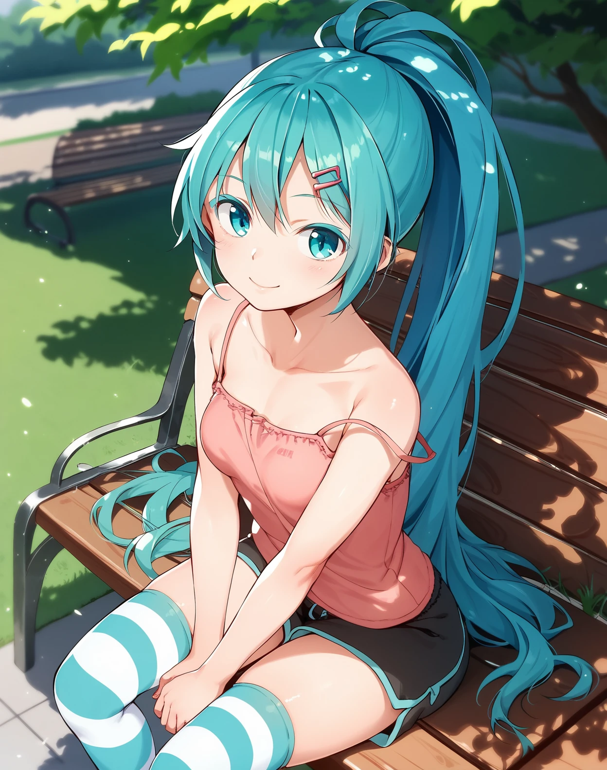 score_9, score_8_up, score_7_up, a girl sitting on a park bench, high ponytail, hairclip, colored eyelashes, gym shorts,striped thighhighs, smile,(hatsune miku:0.6), spaghetti strap, (strap slip:0.8), 
 <lora:mamezou_style_pony6_v1-000032:1>