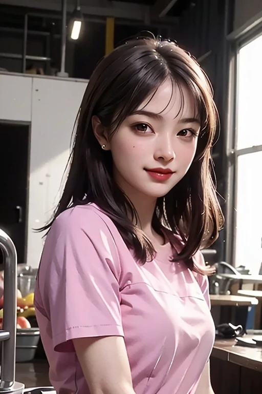 (masterpiece, best quality:1.4), 8k, highres, shiny skin,beautiful photo, 1girl, solo, long hair, smile, brown hair, shirt, black hair, brown eyes, upper body, short sleeves, indoors, lips, pink shirt, realistic, fake screenshot, kooo123, <lora:hirosesan_anime_v1:0.8>
