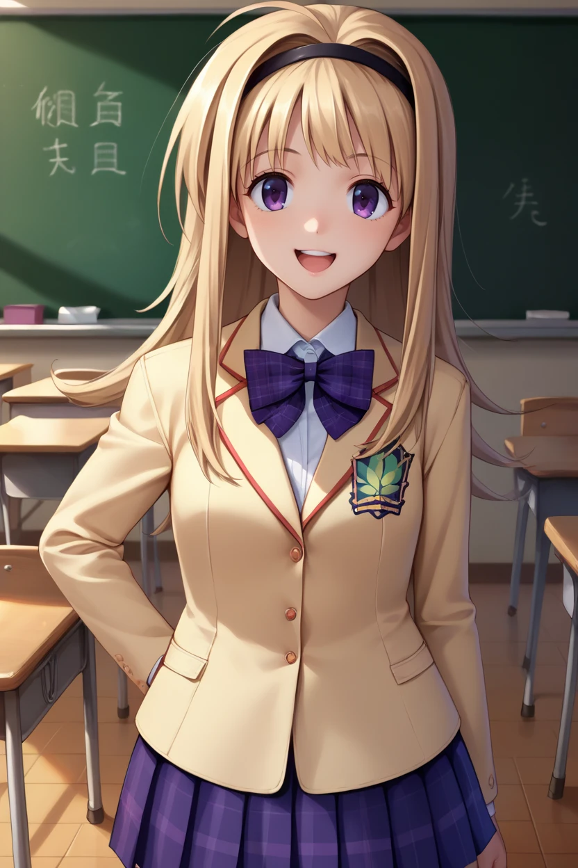 score_9, score_8_up, score_7_up, score_6_up, source_anime, BREAK 1girl, <lora:chnanami-pdxl-nvwls-v1-000006:1> chnanami, blonde hair, purple eyes, hairband, bowtie, yellow blazer, plaid skirt, pantyhose, happy, looking at you, classroom, chalkboard
