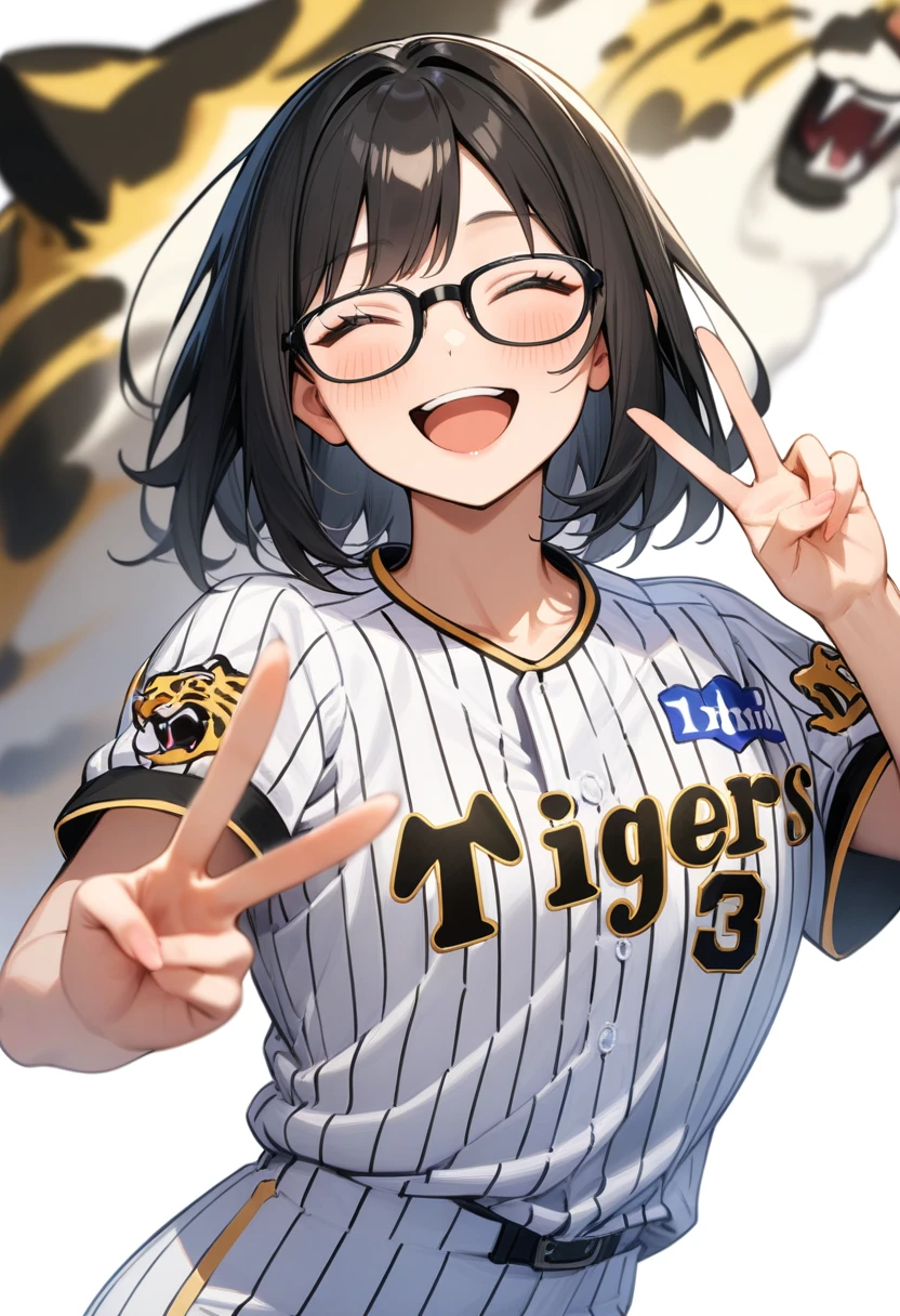 masterpiece, best quality, very aesthetic, absurdres,
1girl, solo, glasses, black hair, medium hair, happy, smile, v, closed eyes, open mouth,
tigers_uniform, baseball uniform, text focus, white background, denim, jeans, upper body,
<lora:HanshinTigersU_SDXL_V1:1>