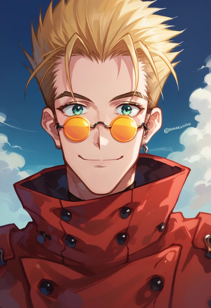 score_9, score_8_up, score_7_up, <lora:Vash:1>, vash, yellow hair, red cape, yellow round glasses, green eyes, anime style, desert, blue sky, upper-body, smile