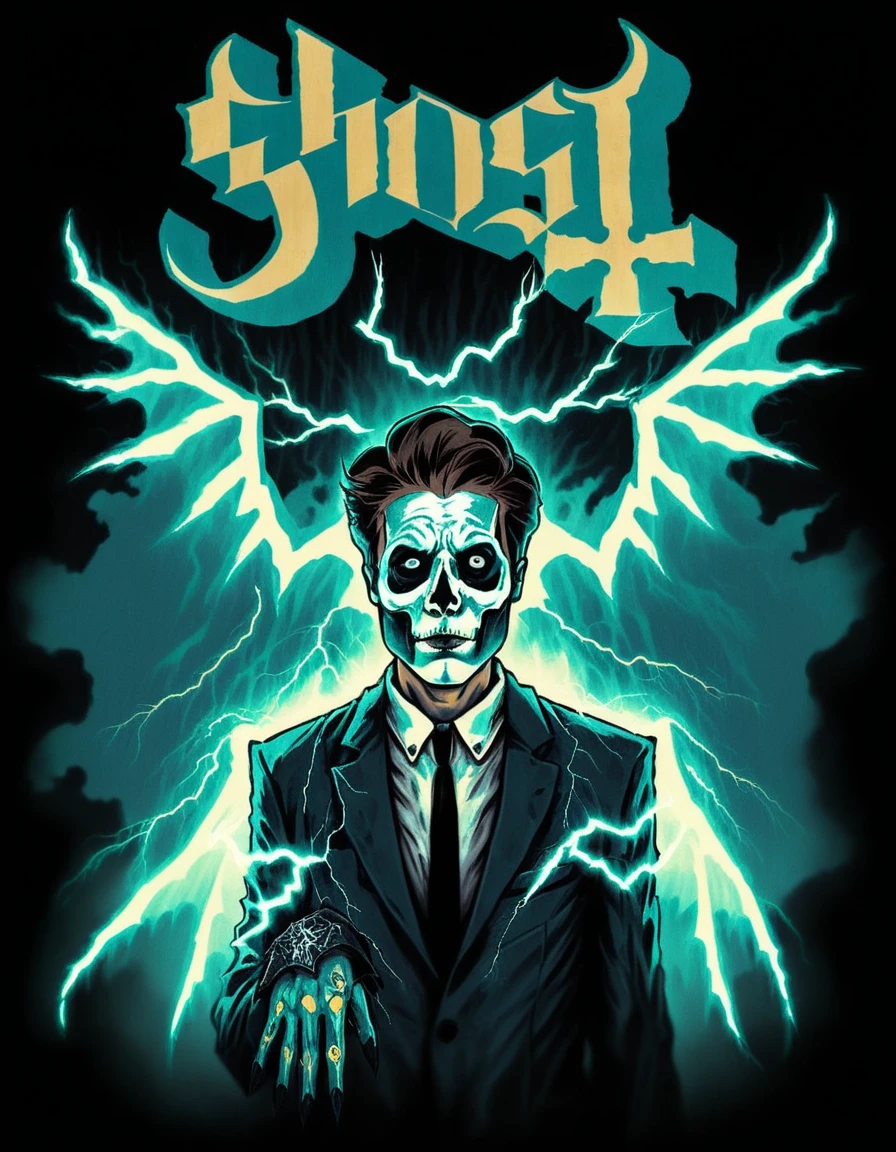 hud_ghst, 1boy, suit, makeup, lightning, wings, skull, [ghost], retro artstyle, <lora:ghost_band_t_shirts-000006:0.8>