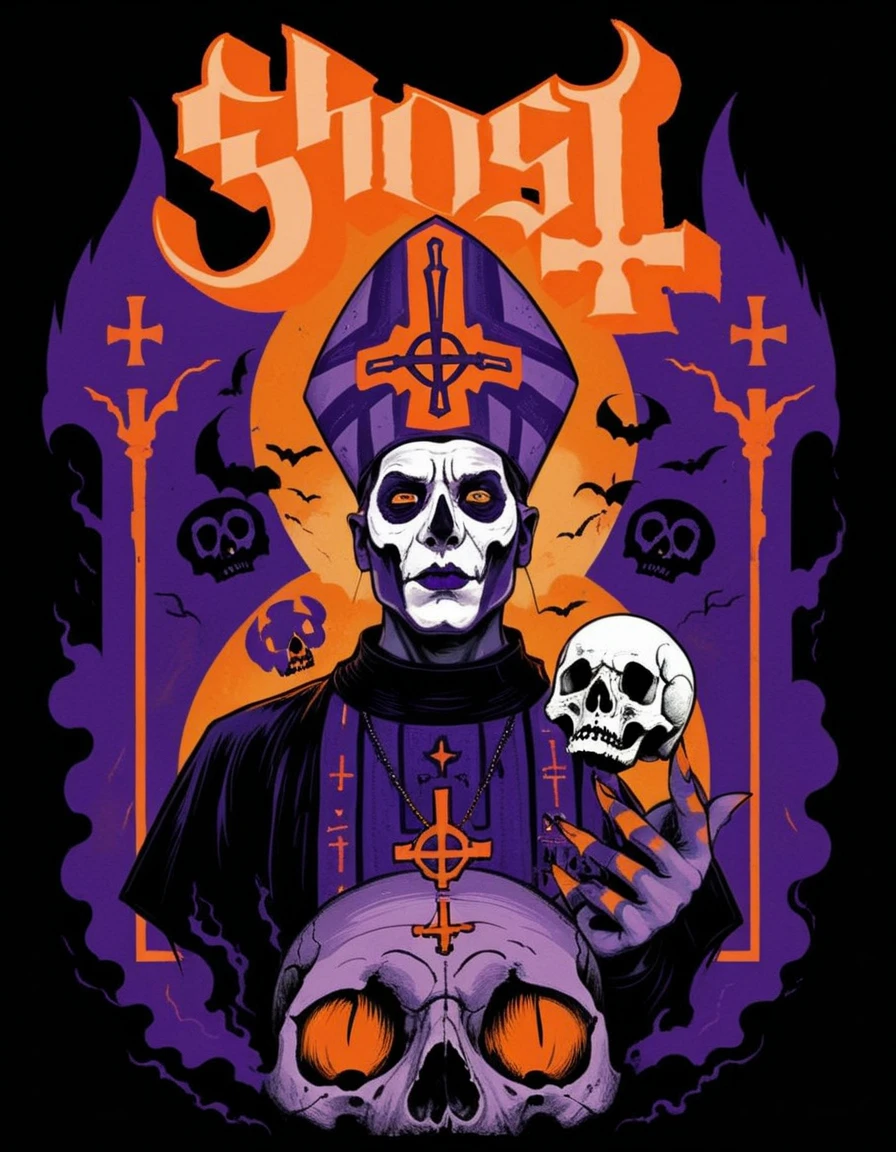 hud_ghst, 1boy, priest, makeup, mouse, skull, [ghost], retro artstyle, <lora:ghost_band_t_shirts-000006:0.7>, purple and orange color scheme