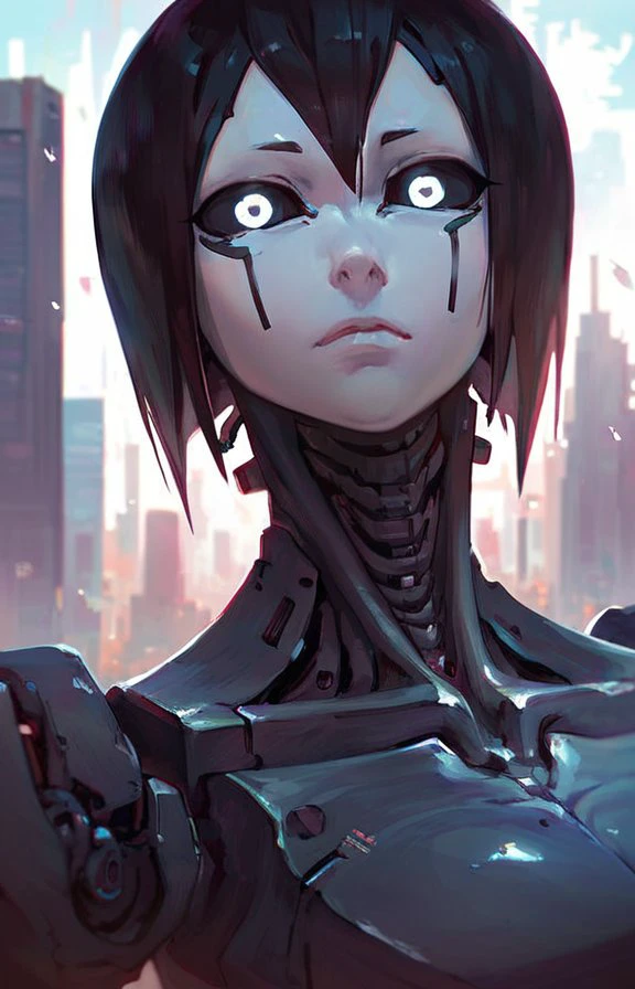 score_9, score_8_up, score_7_up, beautiful portrait of sanakan looking at viewer, collarbones, black hair, short hair, black sclera, highly detailed, 1girl, highly detailed, jewerly, shiny eyes, city cackground,
facial marks, robot, cyborg,
<lora:Sanakan_V1-000007:0.85>