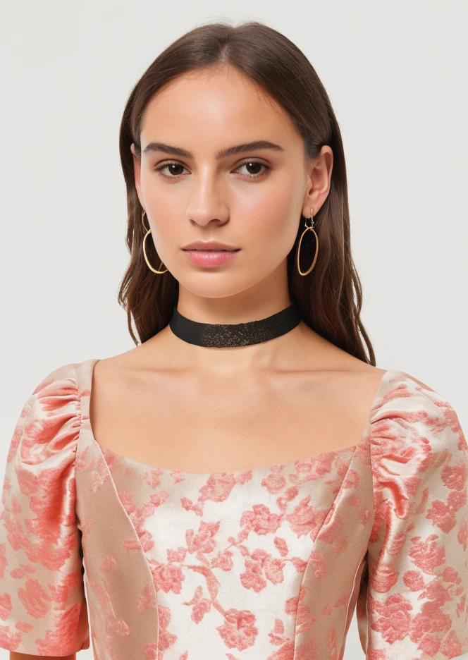 RAW photo, subject, 8k uhd, dslr, soft lighting, high quality, film grain, Fujifilm XT3, professional photo, (detailed skin:1.3), high quality, <lora:Jacquard_Clothing:0.8> , jaqcuard, jacquard fabric, made out of jacquard, jacquard leotard, portrait, abstract print, choker, simple background, pale skin, {{lipgloss}},