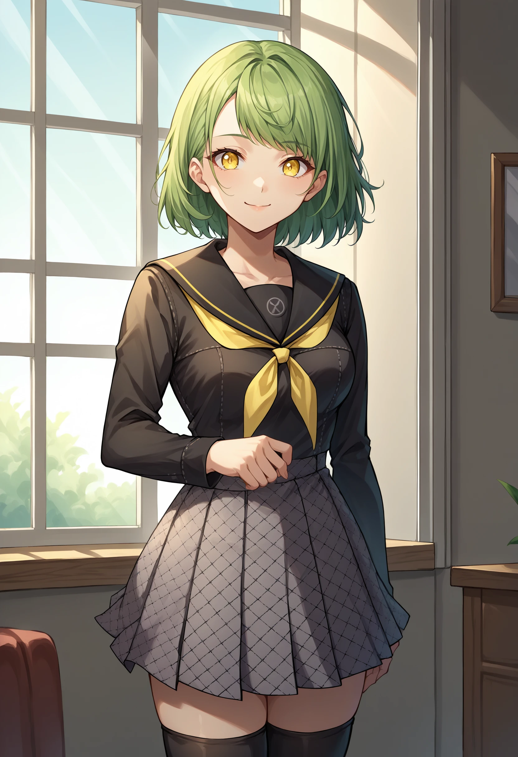 score_9, score_8_up, source_anime, 1girl, solo, green hair, medium hair, yellow eyes, medium breasts, YasogamiFemaleWinter, black shirt, long sleeves, black sailor collar, yellow neckerchief, grey skirt, black thighhighs, indoors, window, smile, <lora:ChamYasogamiSchoolUniformPonyXL:1>