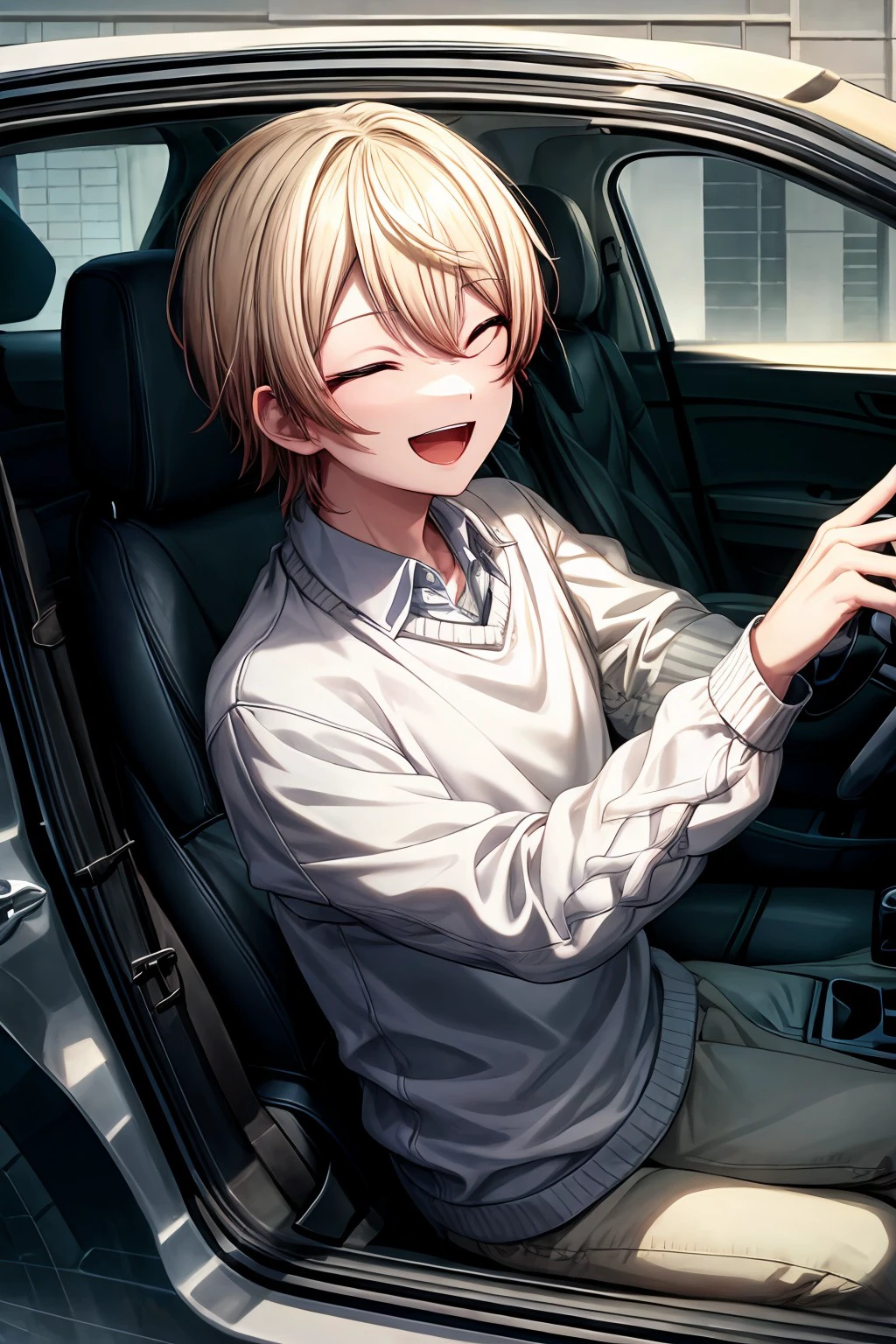 (masterpiece), best quality, expressive eyes, perfect face,tenma_t, smile, open mouth, shirt, long sleeves,  closed eyes, :d, collared shirt, sweater, ground vehicle, motor vehicle, white sweater, car interior, <lora:42d2fb5a-ed32-4a59-ba8e-eca9276e1d3f:0.7>, <lora:more_details:0.7>