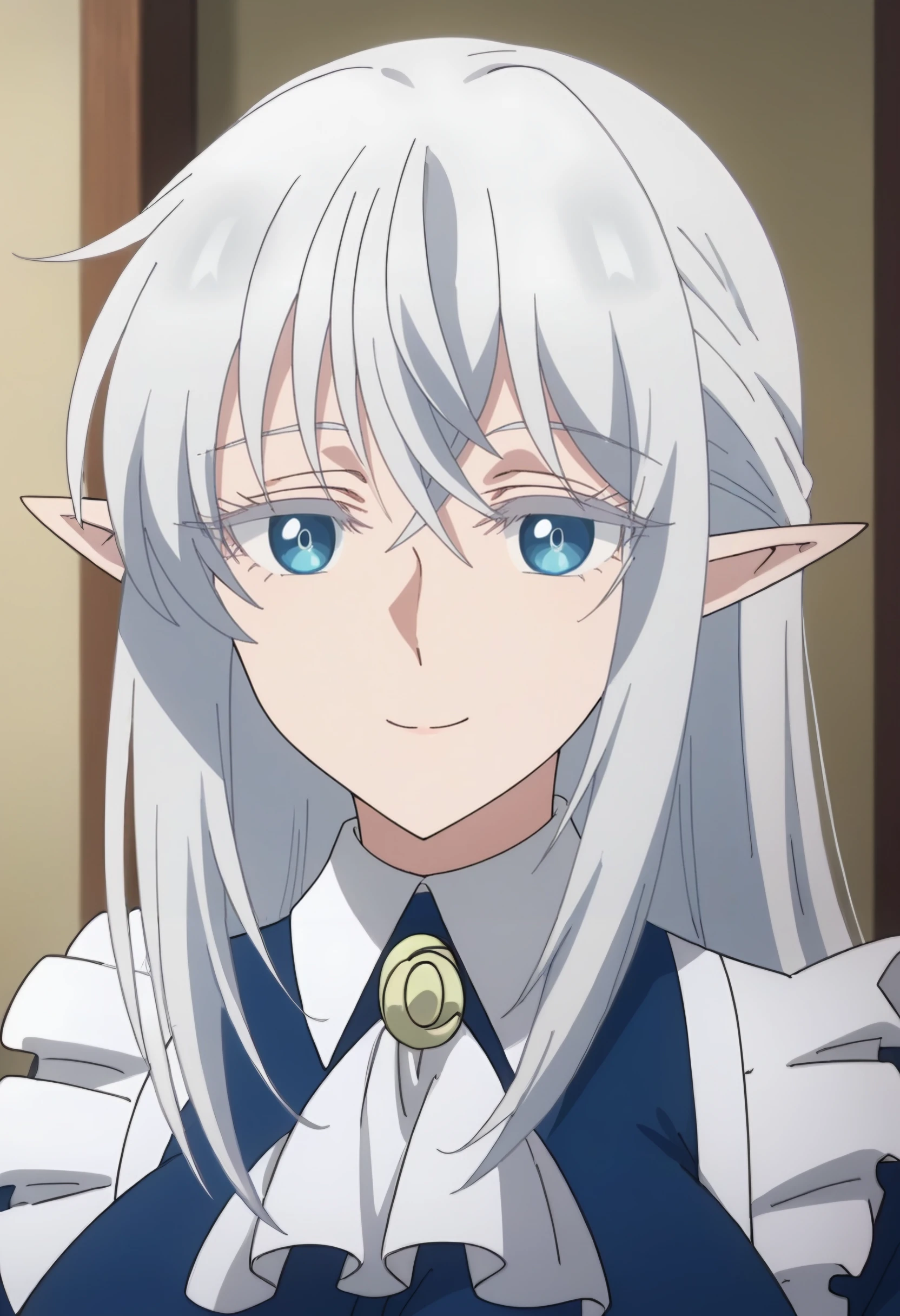 <lora:Schnee Raizer:1> schnee raizer, long hair, 1girl, pointy ears, white hair, elf, solo, hair between eyes, blue eyes, large breasts , maid, blue dress, long sleeves, white apron, maid apron, white ascot, brooch, smile, looking at viewer, upper body, score_9, score_8_up, score_7_up, , anime coloring ,BREAK source_anime, anime