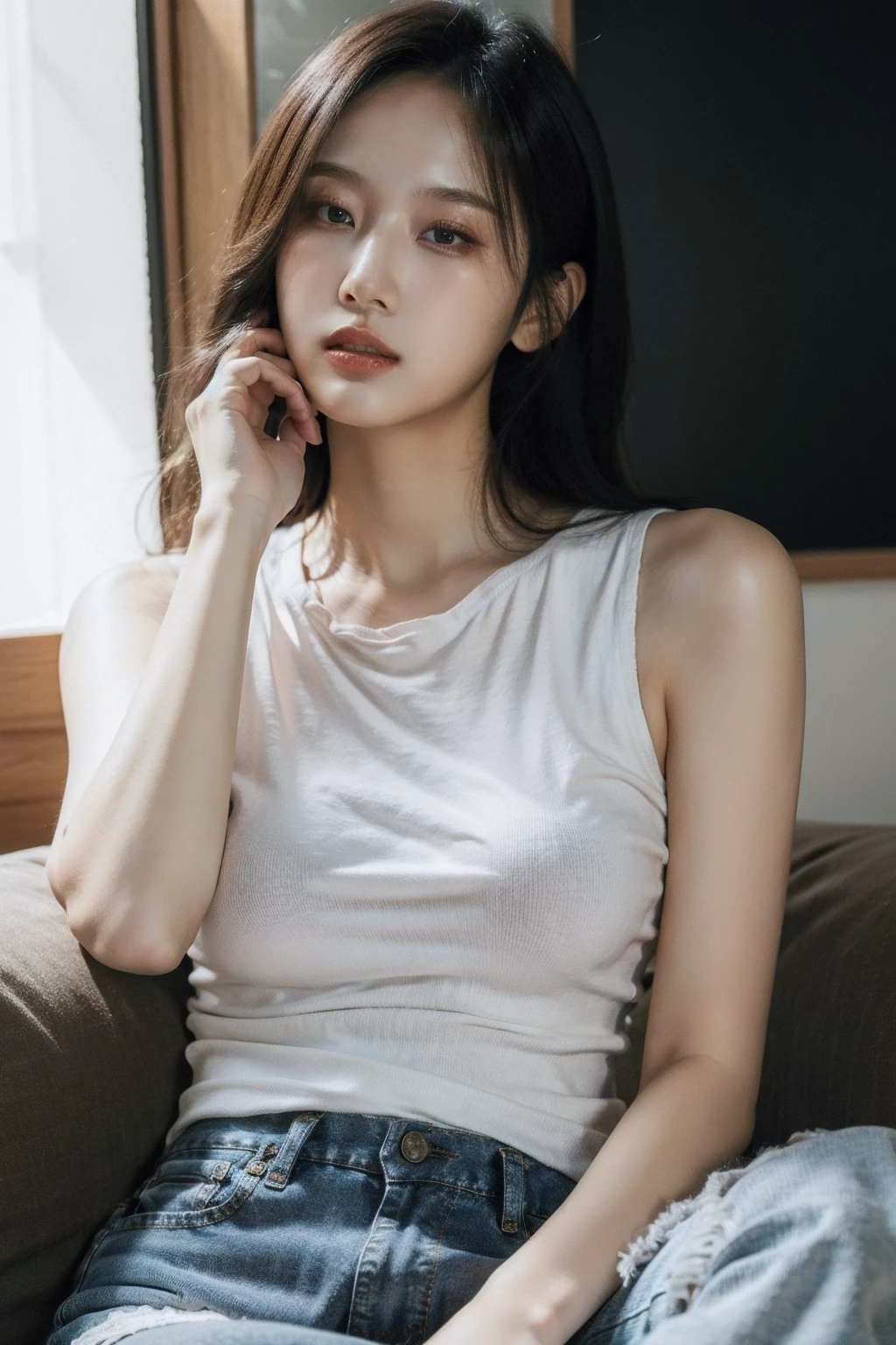 (realistic), (hyperrealism),best quality, masterpiece,ultra high res, (photorealistic:1.4),1girl,solo, realistic, looking at viewer, parted lips, short jeans, tanktop,
, <lora:makina69_seori_v1.0:1>