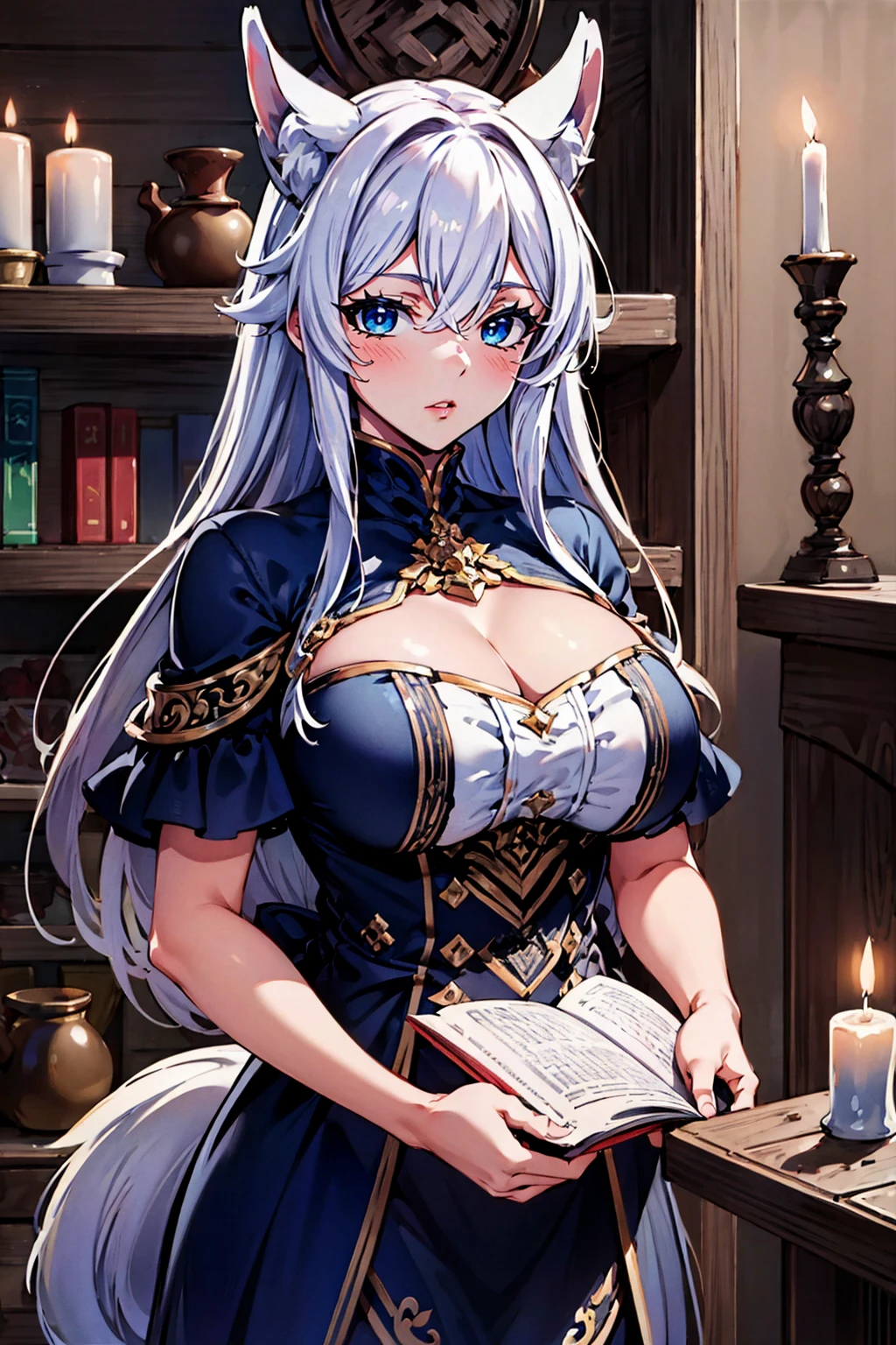 breathtaking <lora:LV2_Fenris V1.0:0.8>,LV2_Fenris,white hair,1girl,solo,wolf ears,animal ear fluff,blush,bangs,hair between eyes,white hair,crossed bangs,cowboy shot,Posing with an old, weathered book, surrounded by candles.,, 8k, best quality, masterpiece, rule of thirds, superb, high resolution, sharp focus, extremely detailed description, professional, gorgeous and intricate details, . award-winning, professional, highly detailed