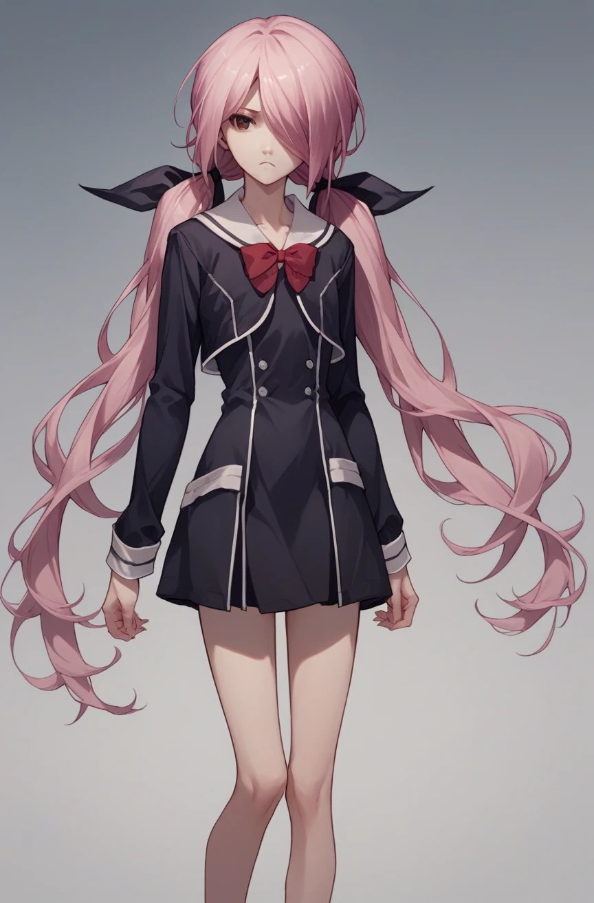 score_9, score_8_up, score_7_up, source_anime, <lora:Senri Minamisawa:0.8> 1girl, hair over one eye, pink hair, low twintails, hair ribbon, black ribbon, || senri minamisawa school uniform, school uniform, black dress, long sleeve, red bow, red bowtie,