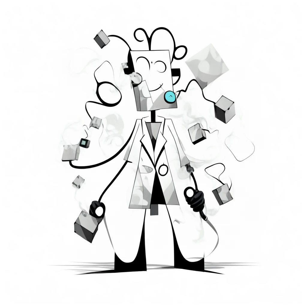 artwhmscl, stethoscope, gloves, labcoat, scissors, 1girl, smoke, cube, pants