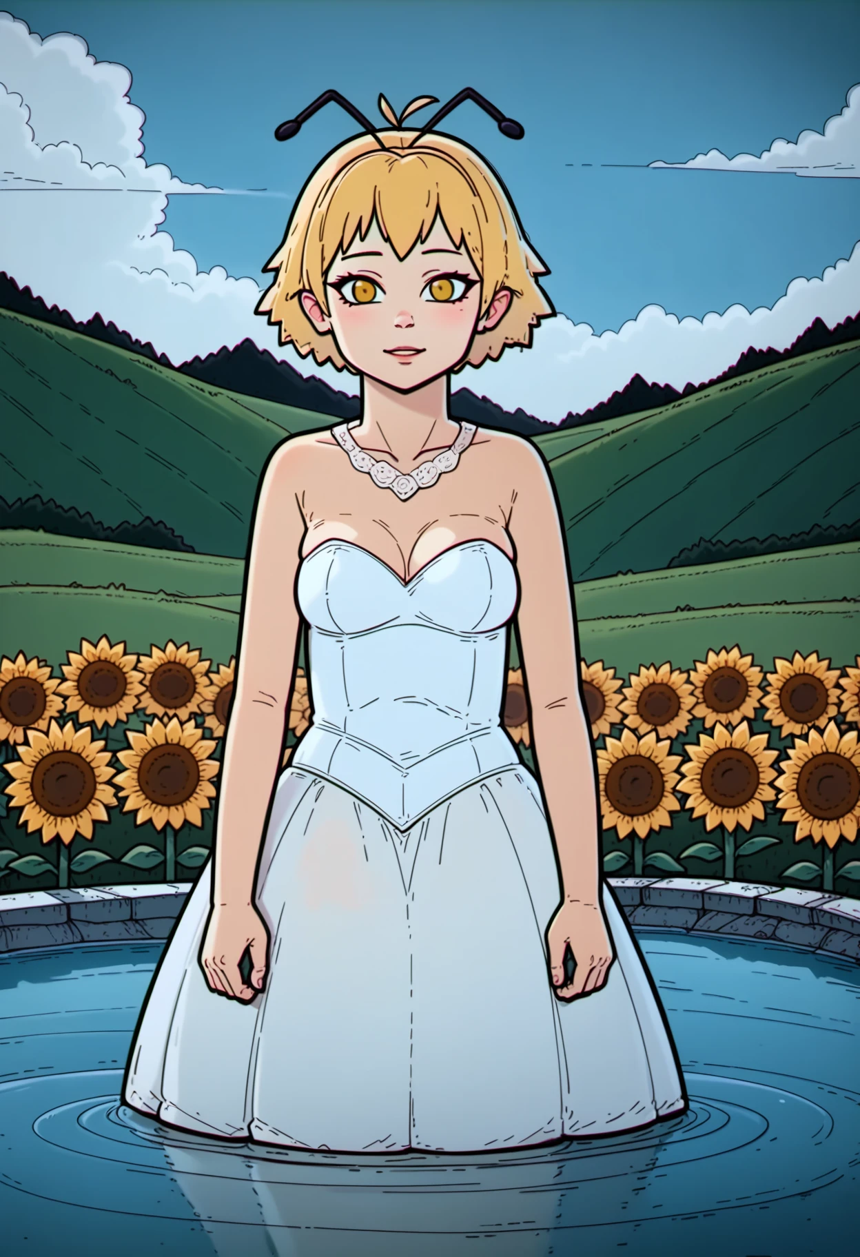 score_9, best quality, masterpiece, uncensored, source_cartoon, chromatic aberration
BREAK
1girl, solo, looking at viewer, antenna hair, antennae, white wedding dress, outdoors, multiple bees, water, summer sunflower field, fisheye, bee, yellow hair, yellow eyes
<lora:lazy_square_pony_v2:1>