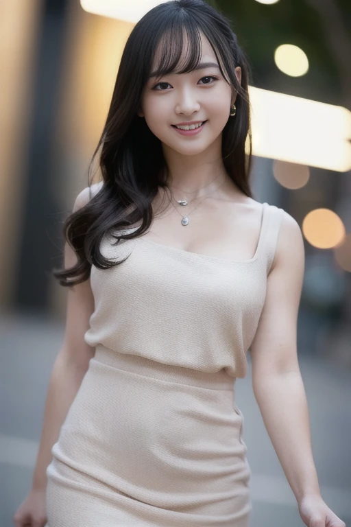 ((Best Quality, 8K, Masterpiece: 1.3)), Fat Body Beauty: 1.4, 30 years old,((kim_dress,jeans)), mature, Bust fullness: 1.6, Thigh Volume: 1.6, Highly detailed face and skin texture, Delicate eyes, Double eyelids, Chubby face, thin lips, smile, fair skin, (dress: 1.6), Standing posture, city street background