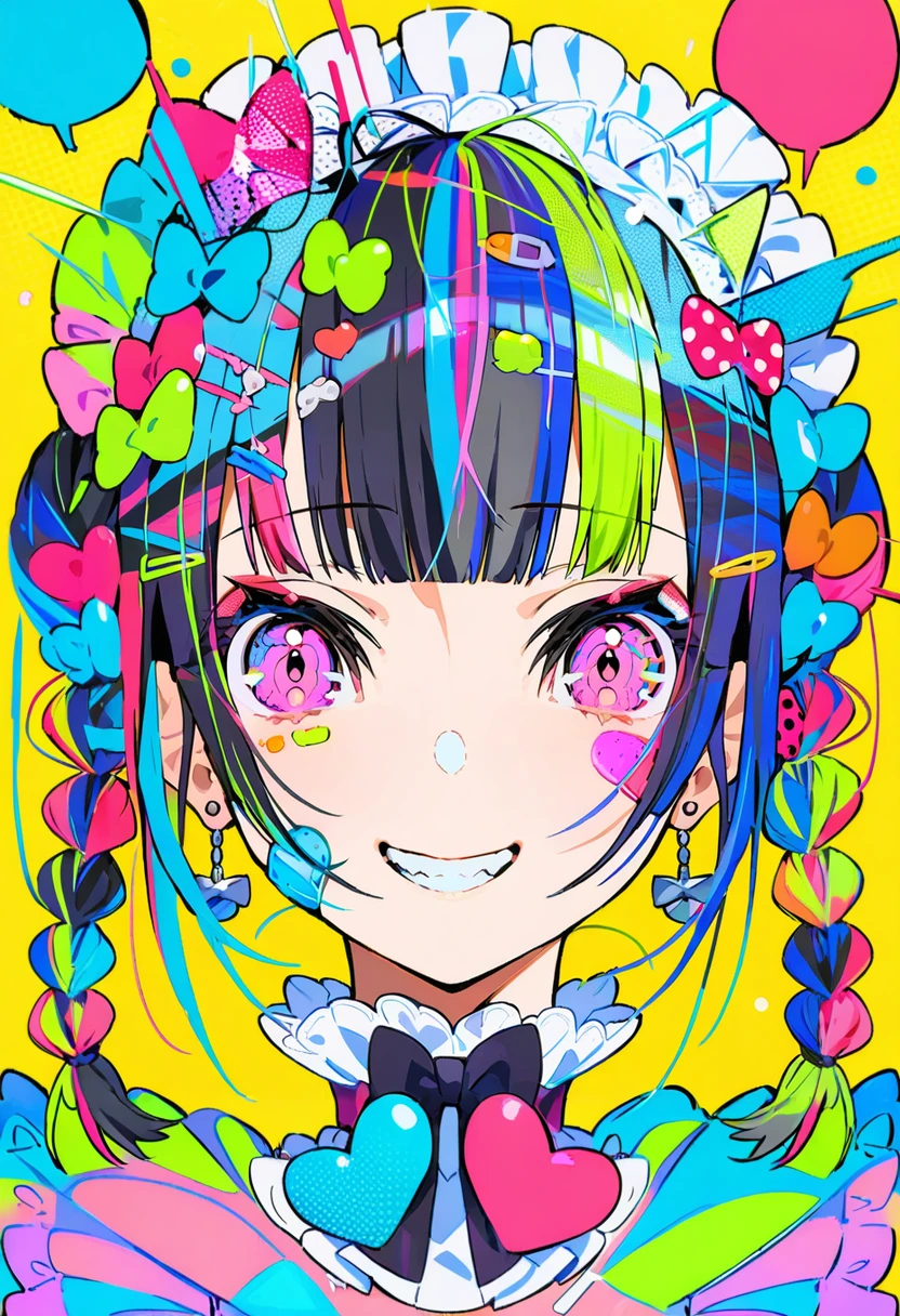 masterpiece, best quality,<lora:MikaPikaZoXL_ANI31_lokr_V4302:0.95> 1girl, colorful, solo, smile, bandaid, portrait, looking at viewer, jewelry, yellow background, bow, earrings, bandaid on face, grin, multicolored hair, braid, twin braids, black bow, black hair, hair ornament, pink eyes, maid headdress, purple eyes, blunt bangs, teeth, heart, hairclip, frills, hair bow, bowtie, blue hair, polka dot bow, halftone