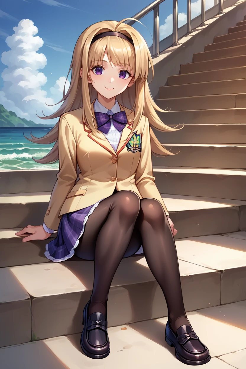 score_9, score_8_up, score_7_up, score_6_up, source_anime, BREAK 1girl, <lora:chnanami-pdxl-nvwls-v1-000006:1> chnanami, blonde hair, purple eyes, hairband, bowtie, yellow blazer, plaid skirt, pantyhose, loafers, sitting, stairs, wave, looking at you, smile, closed mouth