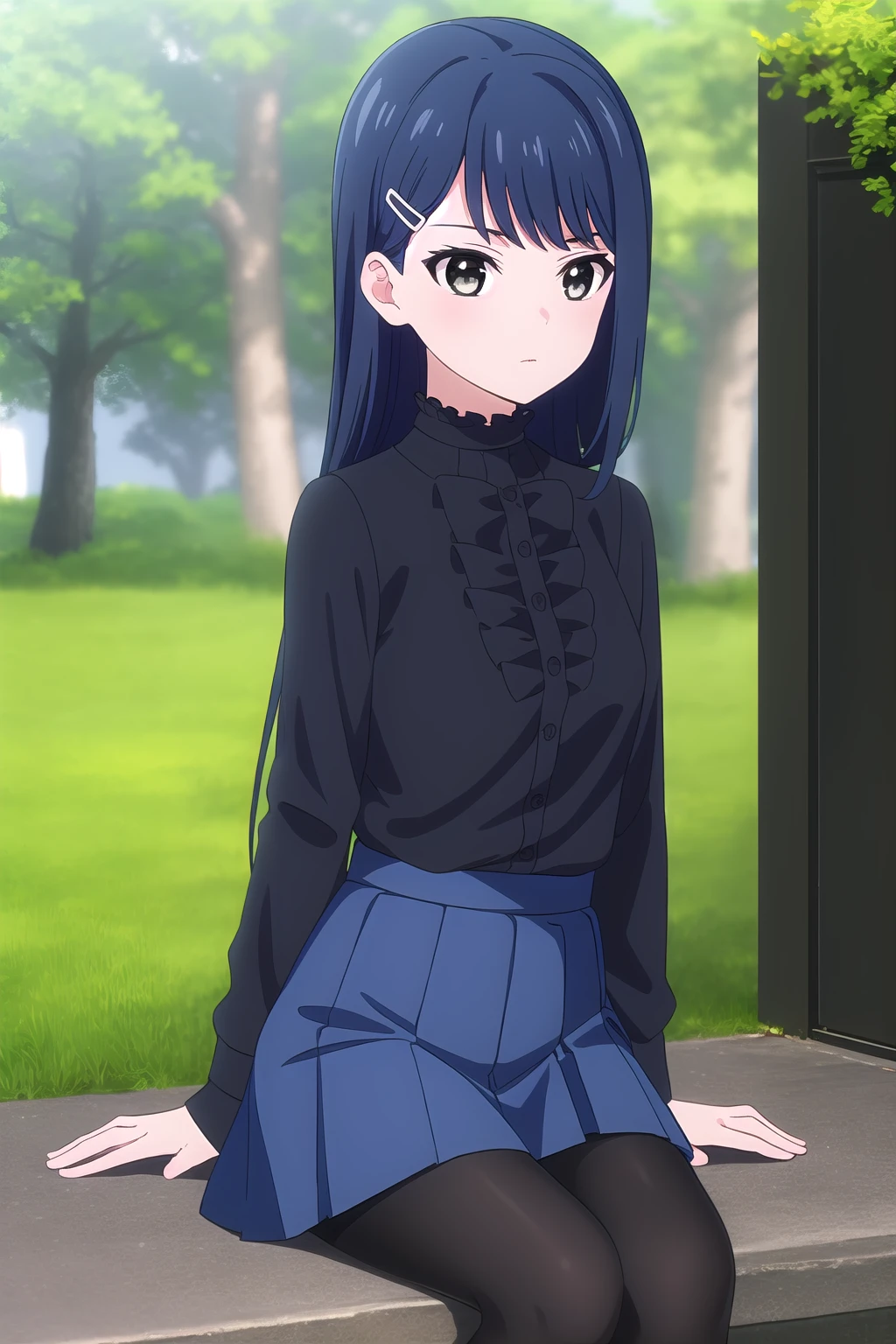 (masterpiece, best quality), highly detailed background, perfect lightingbest quality, kiyoseyuu, solo, outdoors, nature, dark blue hair, swept bangs, hairclip, very long hair, grey eyes, small breasts, black shirt, center frills, frilled shirt, long sleeves, blue skirt, pleated skirt, black pantyhose, closed mouth, <lora:Kiyose-Yuu:0.7>