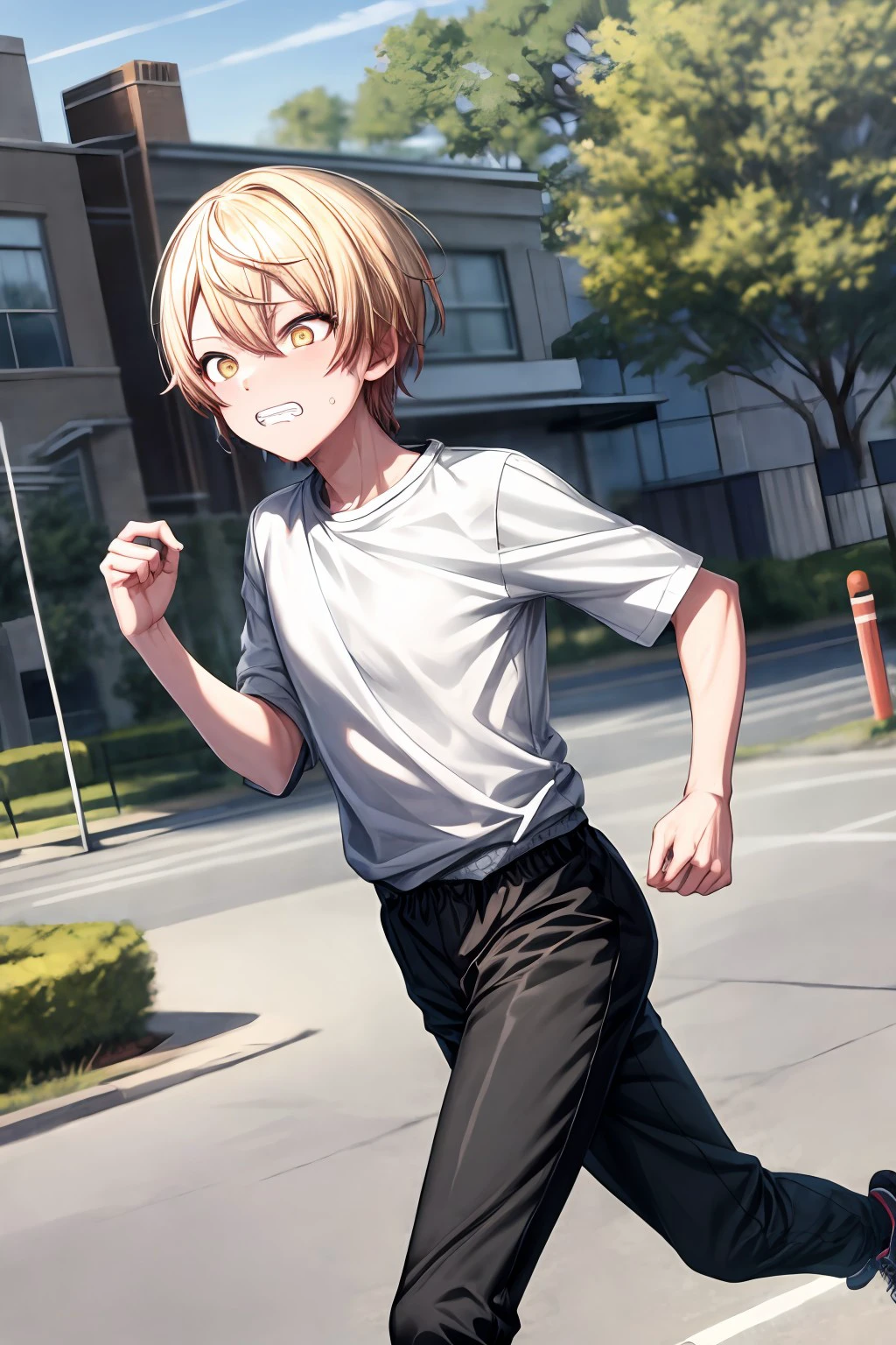 (masterpiece), best quality, expressive eyes, perfect face, tenma_t, shirt, yellow eyes, outdoors, sky, shoes, teeth, day, pants, tree, black pants, blue shirt, clenched teeth, t-shirt, building, sneakers, running, <lora:42d2fb5a-ed32-4a59-ba8e-eca9276e1d3f:0.7>, <lora:more_details:0.7>