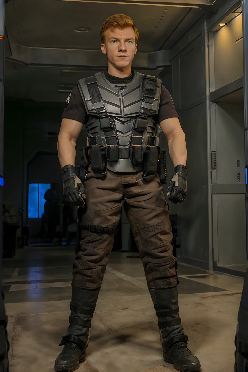 corridor of a starship, ginger hair, MichaelRed wearing starship troopers armor, gloves, armor, shoulder patch, bulletproof vest, military, (((full body portrait))), wide angle <lora:MichaelRed:0.8> <lora:StarshipTroopersArmor:0.85>