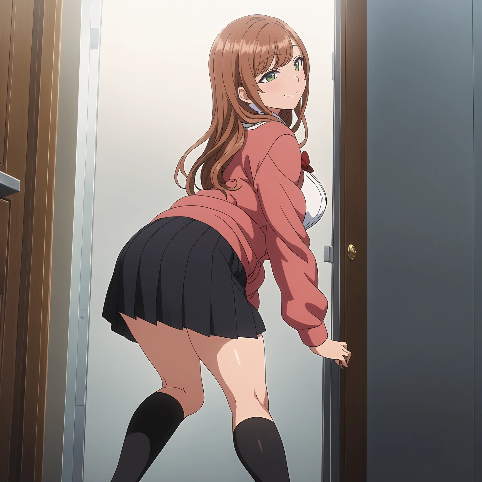<lora:MinakoSanadaXL001>,
anime screencap,
best quality,masterpiece,
solo,
smile,
MinakoSanada,1girl,brown hair,long hair,green eyes,
large breasts,
white shirt,red bowtie,pink cardigan,long sleeves,
pleated_skirt,black skirt,
thigh,black socks,loafers,
full body,standing,looking back,leaning_forward,