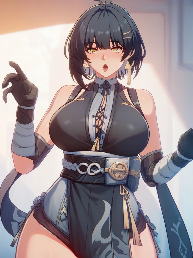 <lora:errantewuwa-05:0.8> , errantewuwa , 1girl, black hair,  ahegao,black shirt,  sleeveless, gloves, yellow eyes, hair ornament, earrings, hairclip,black dress , bare shoulders,  evocative pose  , huge cameltoe , large breasts,  futuristic town background, score_9, score_8_up, score_7_up,