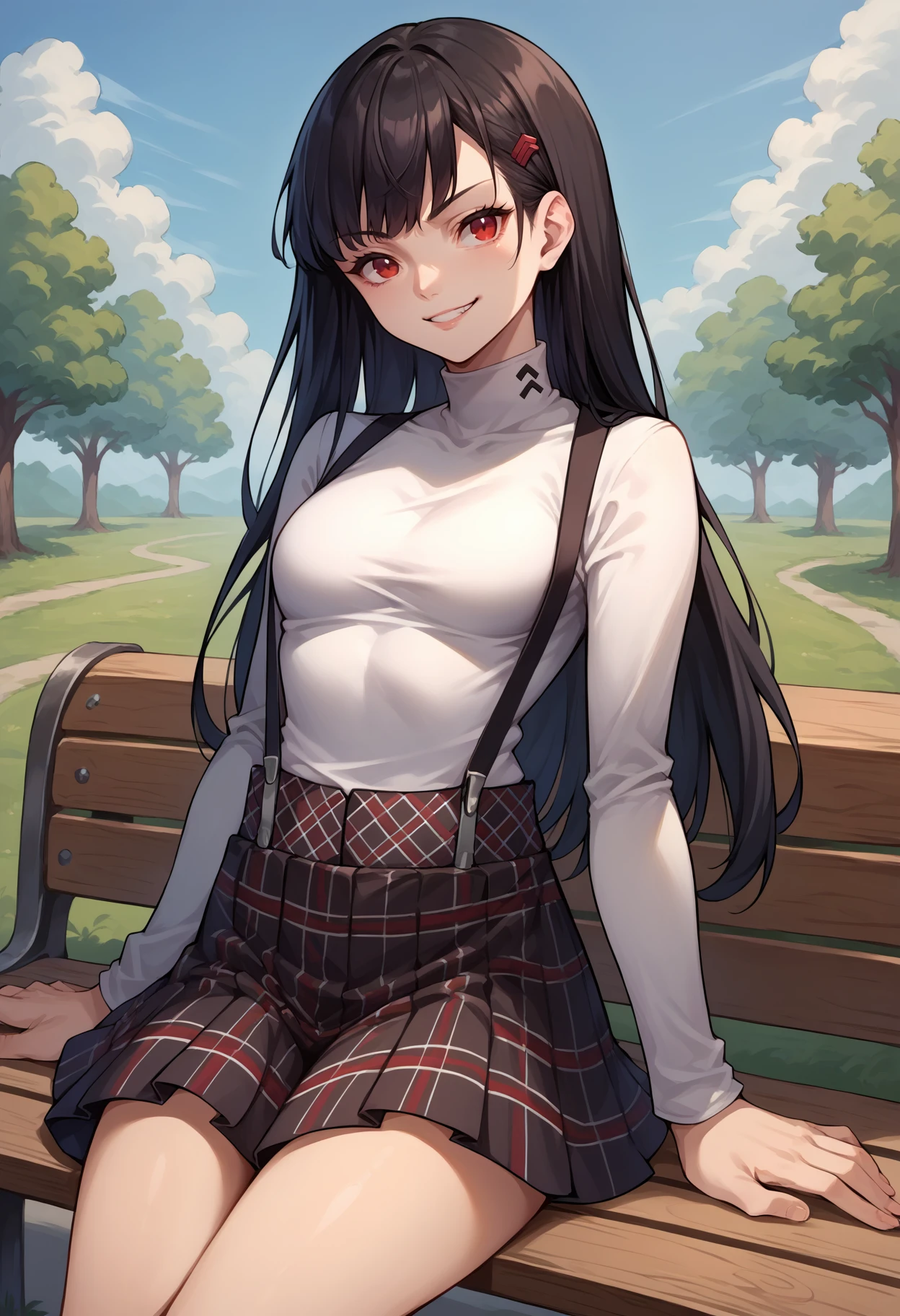 score_9, score_8_up, source_anime, 1girl, solo, black hair, long hair, red eyes, thighs, GirlSuspenders, white turtleneck, suspenders, plaid skirt, outdoors, on bench, smirk, smug, <lora:ChamShuujinAcademyUniformPonyXL:1>