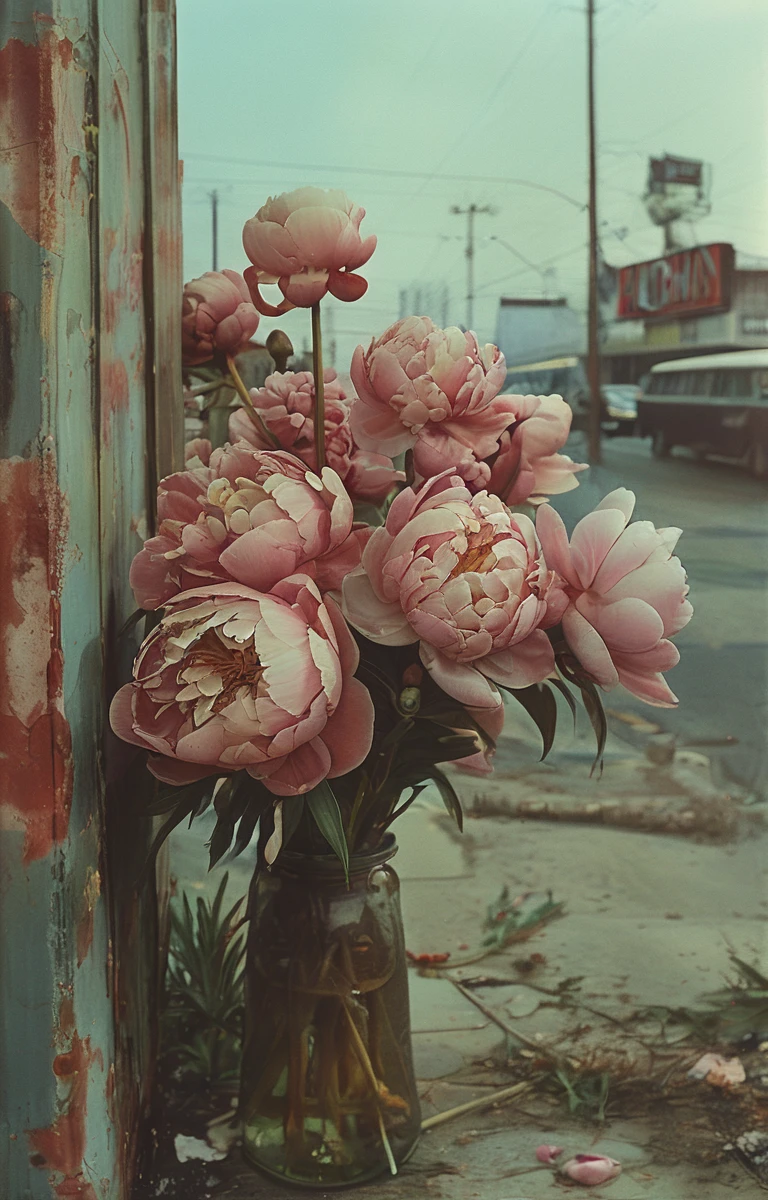 masterpiece,best quality,<lora:tbh156-sdxl:1>,illustration,style of Philip Lorca diCorcia, decaying peonies