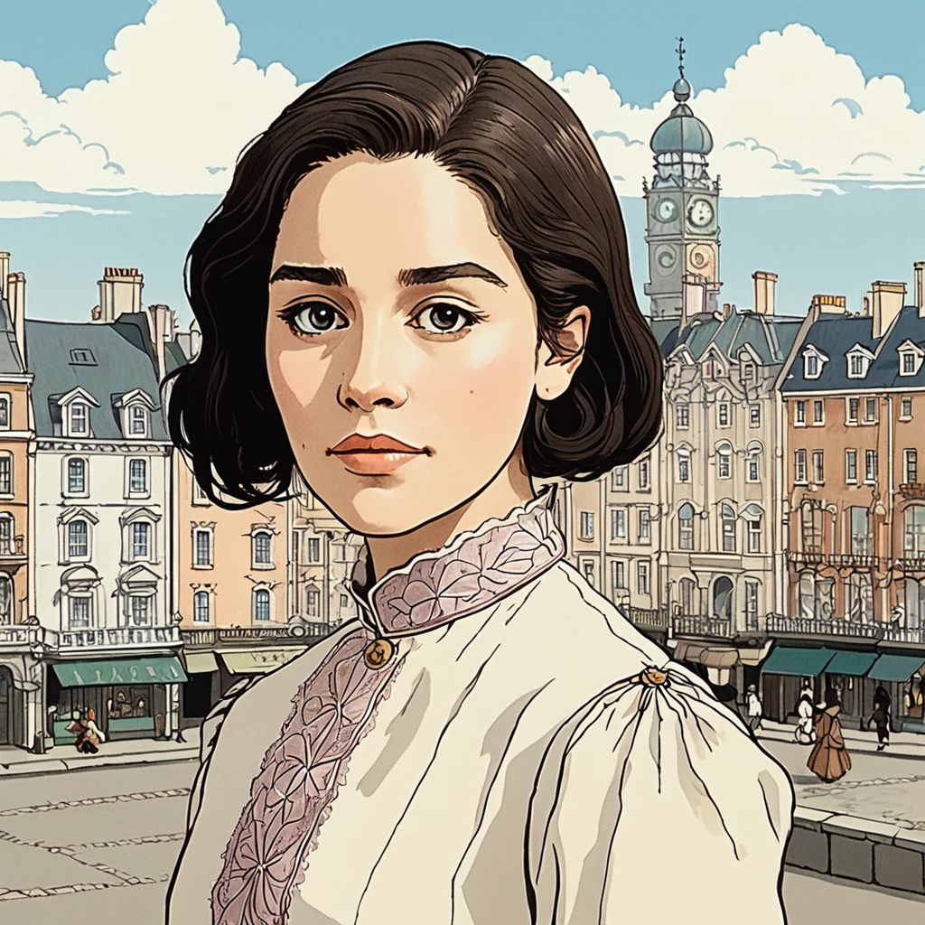 Studio ghibli style illustration of the face of a woman looking at the viewer with a victorian city square in the background, ,emxclrke,  <lora:emclarke_juggerX_xl_2_st_wocap-emxclrke-000025:1>