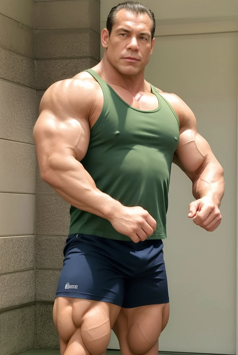 (RAW photo), muscular, <lora:NymphBodybuilder:0.75>, bodybuildernymph, absurdres, mature male, <lora:backlight_slider_v10:1.3>, green tank top, (braid:0.5), brown eyes, upper body, (bike shorts:0.6)