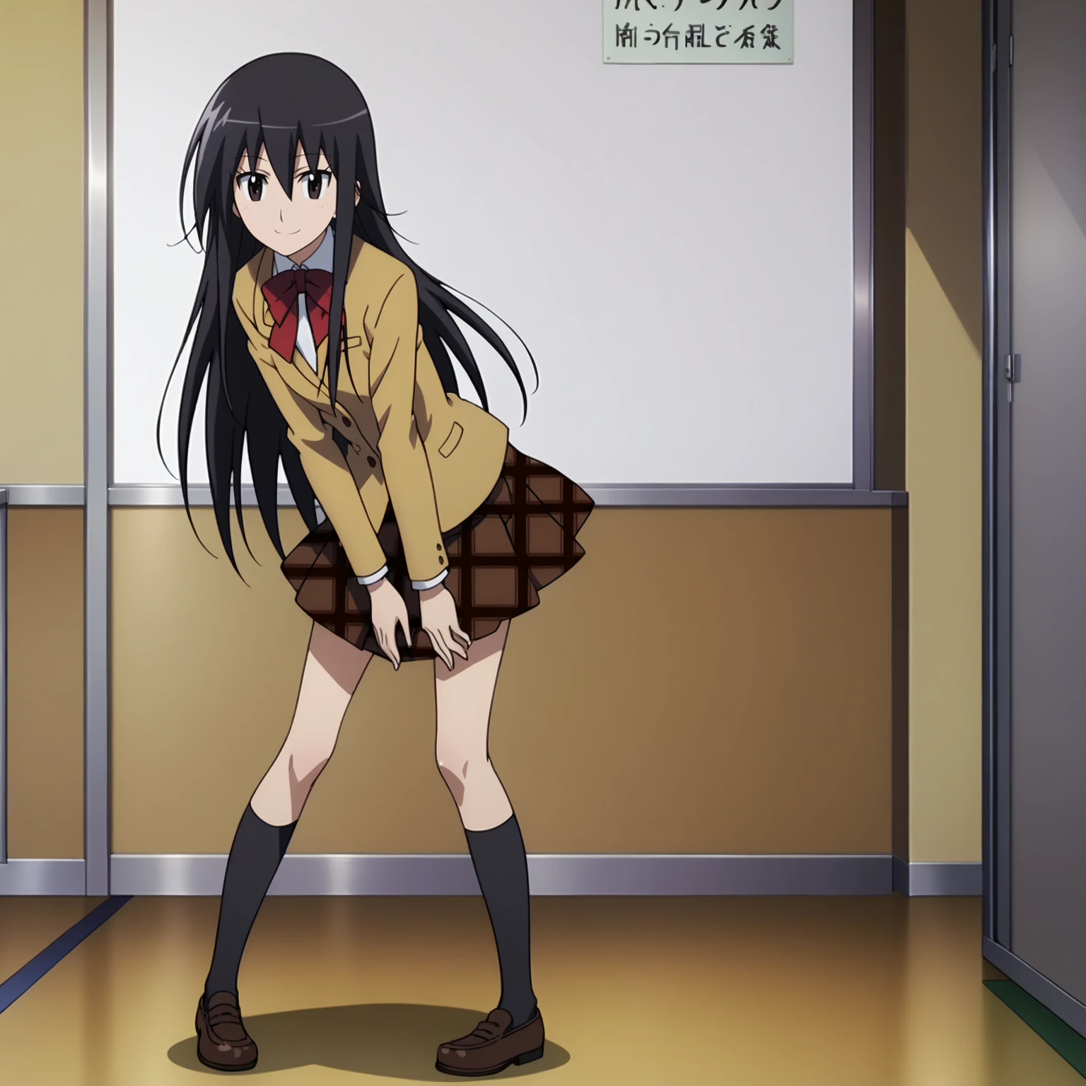 <lora:ShinoAmakusaXLpony001>,
smile,
solo,
ShinoAmakusa,1girl,black hair,long hair,black eyes,
school_uniform,bowtie,
plaid skirt,
black socks,
indoors,
full body,standing,leaning_forward,