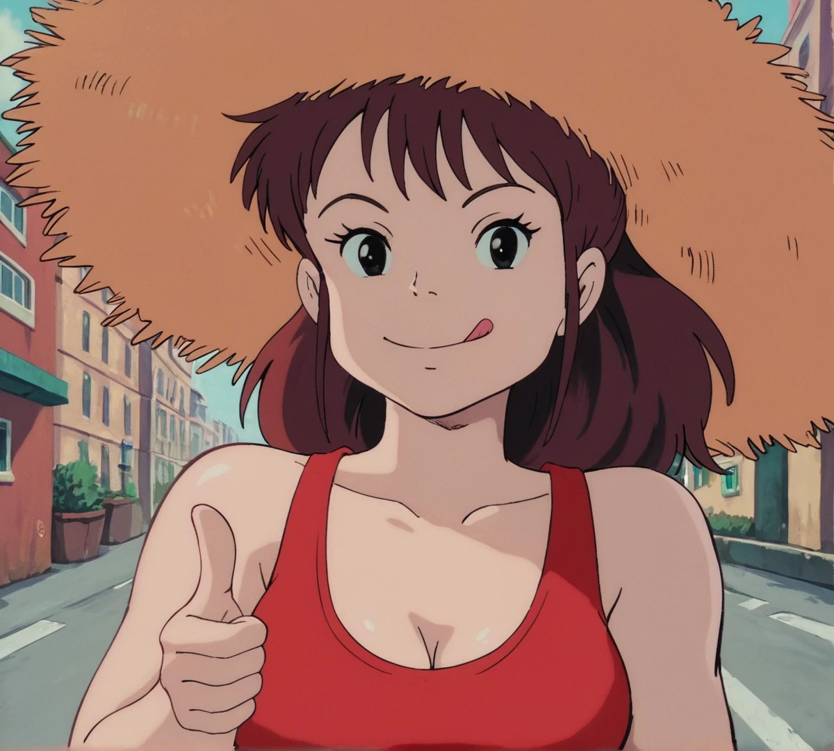 Ursula, black eyes, zPDXL, best quality, amazing quality, score 9, 1girl, red shirt, tank top, outdoors, looking at viewer, smile, closed mouth, tongue out, thumbs up, city, street, straw hat, retro artstyle, <lora:Ursula:0.8>