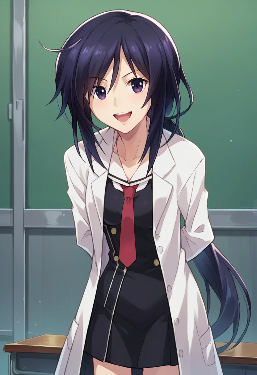 score_9, score_8_up, score_7_up, source_anime, <lora:wrenchcckunosatomio:1>, cckunosatomio, school uniform, labcoat, necktie, open smile, hands behind back, leaning forward, school, first person view, skirt,