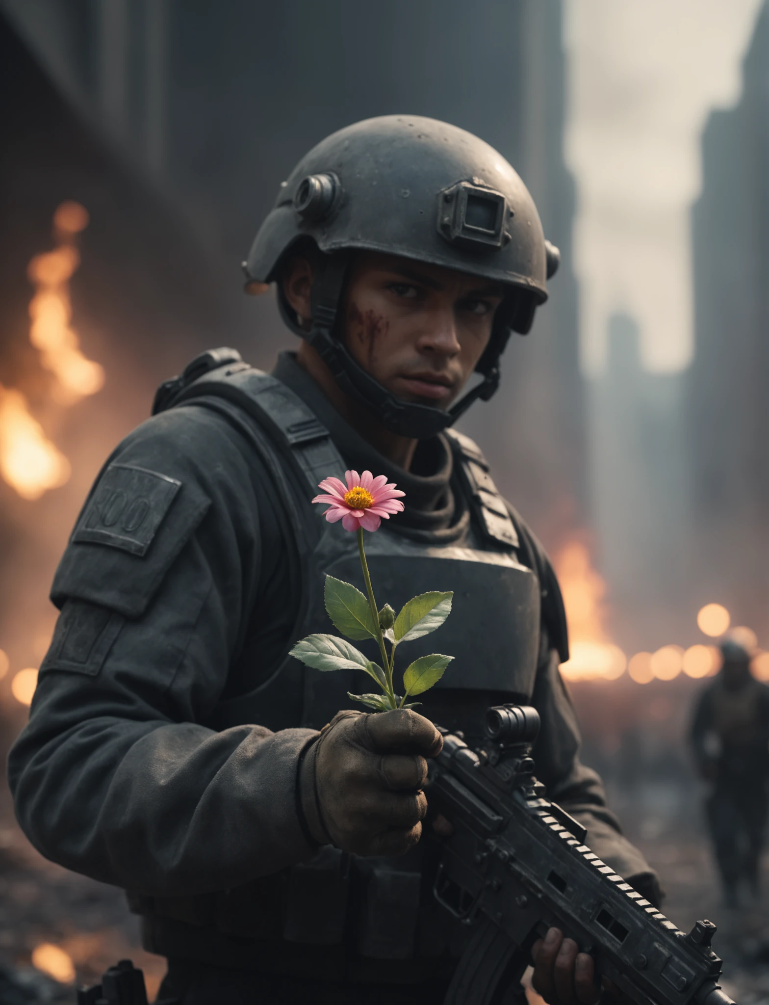 cinematic film still, a city, riot, fire, a dystopian future, year 3000, sci fi, amazing details, (a soldier holding a small flower), dark atmosphere, shallow depth of field, vignette, highly detailed, high budget, bokeh, cinemascope, moody, epic, gorgeous, film