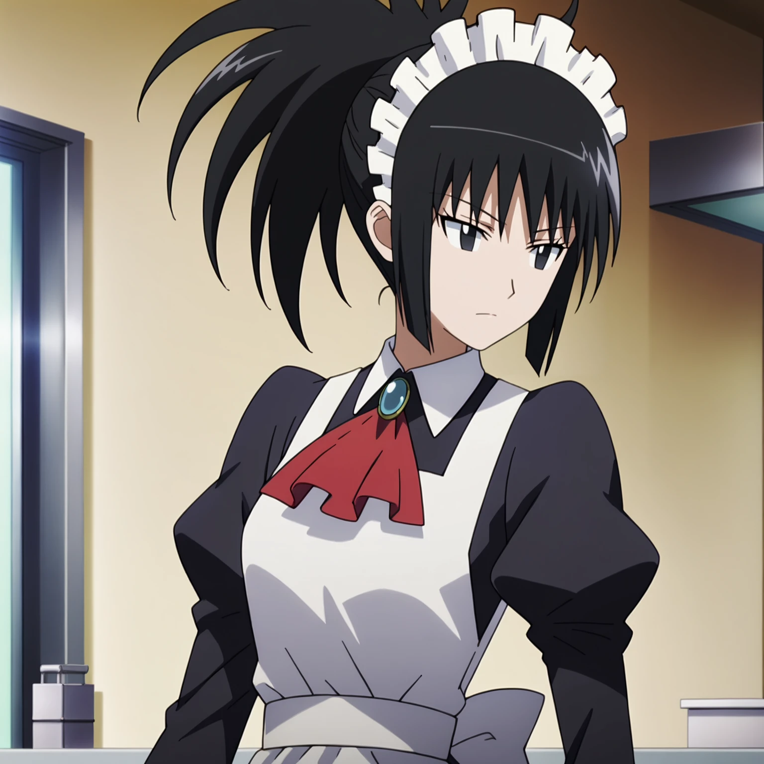 <lora:SayakaDejimaXLpony002>,
solo,
SayakaDejima,1girl,black hair,ponytail,black eyes,
maid_headdress,long_dress,red ascot,long_sleeves,apron,