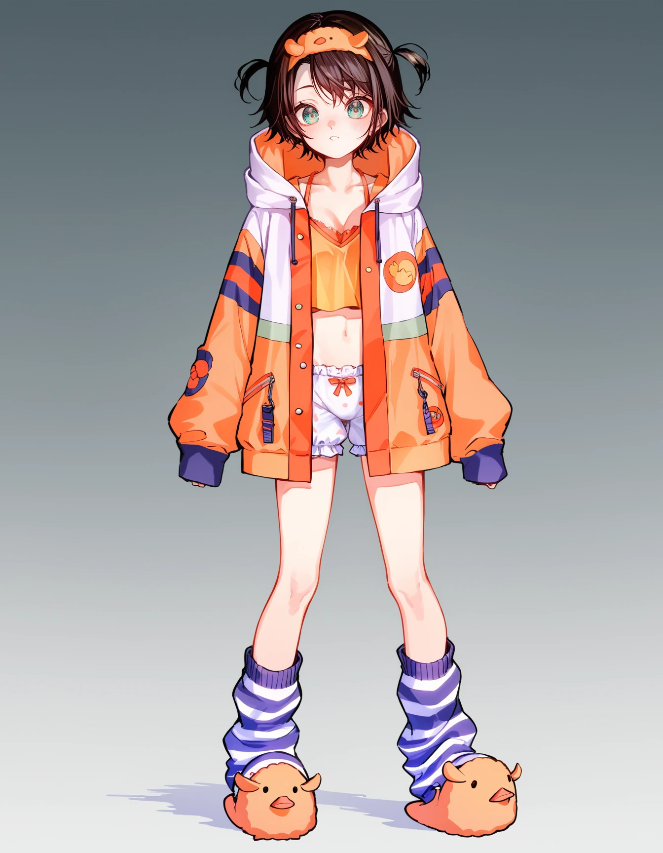 source_anime, score_9, score_8_up, score_7_up,
<lora:oozora_subaru_pony_v1:1>
shubaLounge, gradient eyes, aqua eyes, hooded jacket, hood down, multicolored jacket, striped socks, loose socks, duck slippers, hairband, two side up, bloomers, white blooomers, crop top, midriff, orange bra, open clothes, 
1girl, solo, gradient background, full body, standing