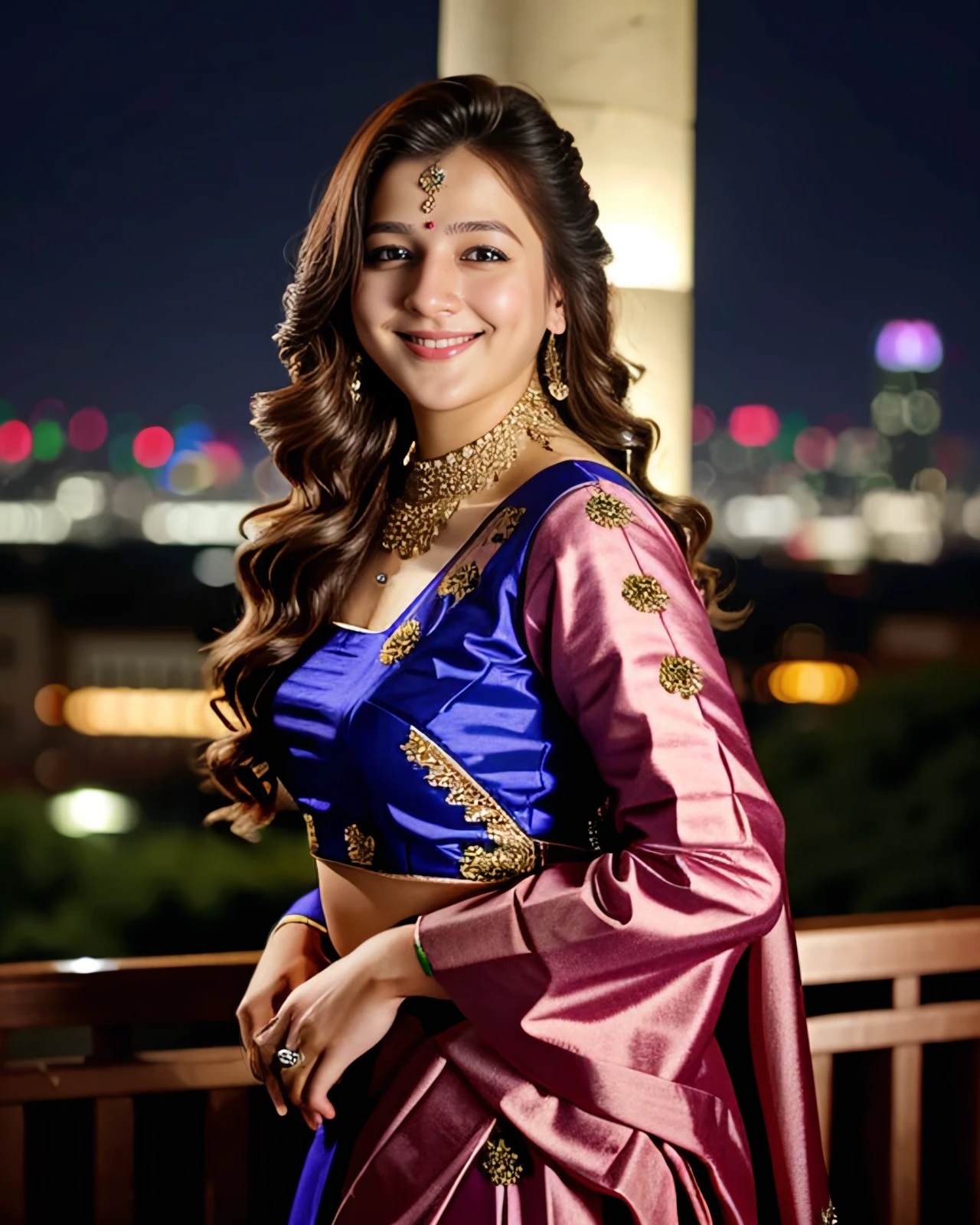 photo of a pryl woman, wearing conservative Rose Indian clothing, solo, smiling, night time, city lights  in background bokeh    <lora:pryl_Priyal_Gor_SD15_LoRA_prodigy_local_regs_HNepochs-000015:1>