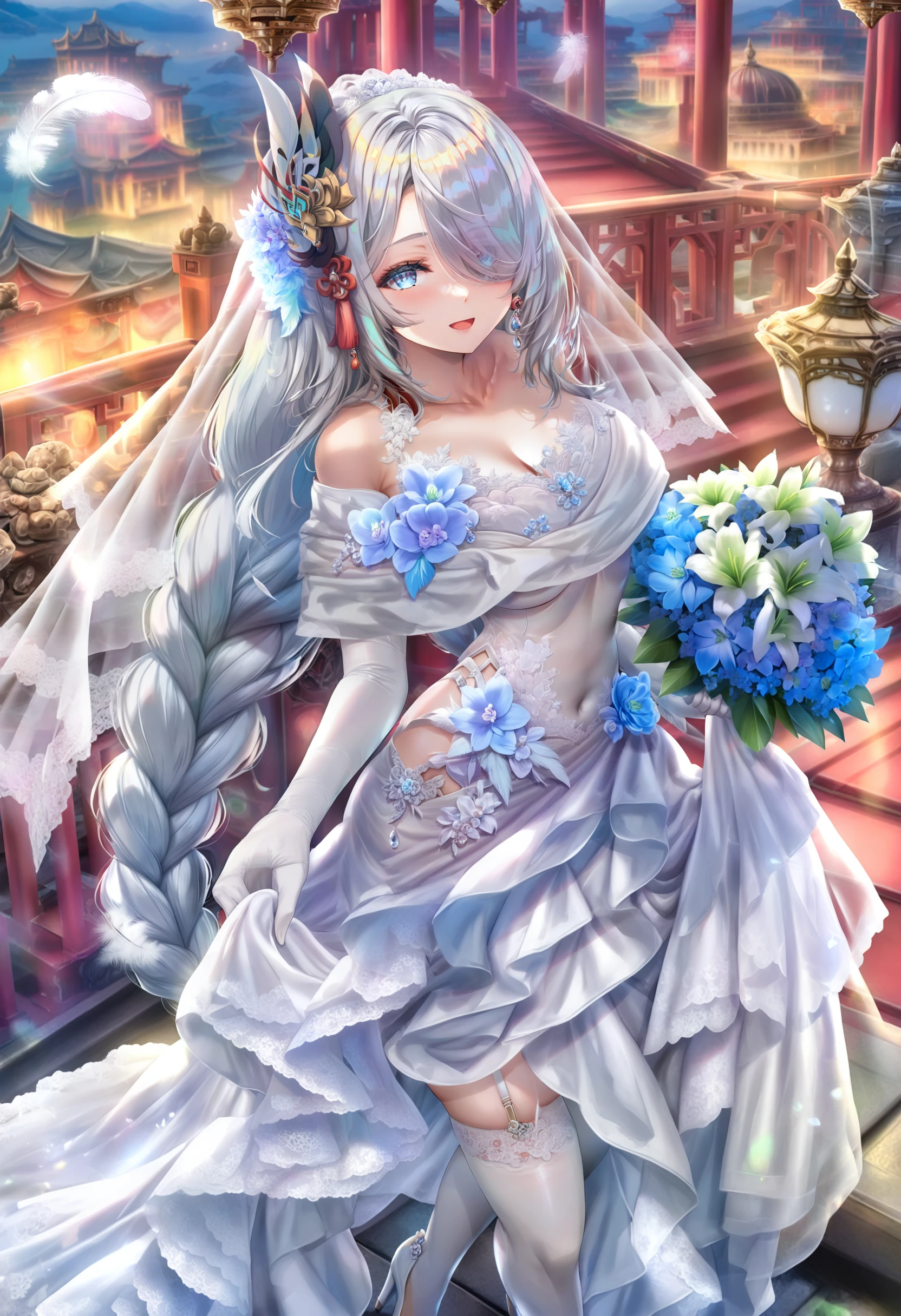 masterpiece, best quality,1girl, shenhe \(genshin impact\),  solo, dress, breasts, wedding dress, long hair, blue eyes, thighhighs, looking at viewer, gloves, flower, braid, hair over one eye, white gloves, hair ornament, white thighhighs, large breasts, braided ponytail, garter straps, white dress, elbow gloves, bare shoulders, veil, alternate costume, bouquet, holding, cleavage, covered navel, very long hair, jewelry, open mouth, bridal veil, thighs, bride, bell, skirt hold, grey hair, feathers, earrings, high heels, blush, smile, full body, diadem, feather hair ornament, white footwear, wedding, collarbone, transparent background, low-braided long hair, tachi-e
 <lora:torinoXLlokr8f-000182:0.95>