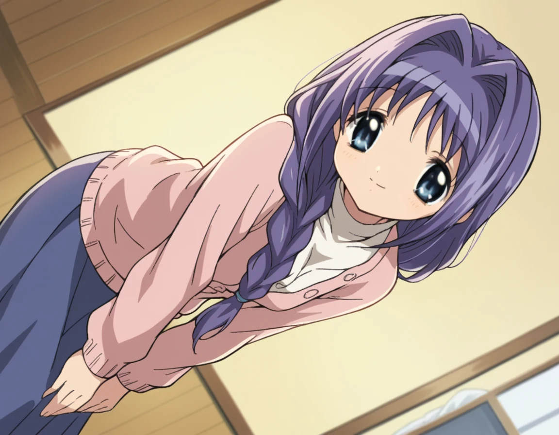 score_9, score_8_up, score_7_up, source_anime,
akikominase, <lora:akiko-minase-remake-ponyxl-lora-nochekaiser:1>,
akiko minase, braid, braided ponytail, hair intakes, hair over shoulder, long hair, single braid, purple hair, blue eyes,
cardigan, long sleeves, pink cardigan, long sleeves, turtleneck, shirt, white shirt, skirt, blue skirt,
indoors, bent over, smile,
solo, looking at viewer, cowboy shot, dutch angle,