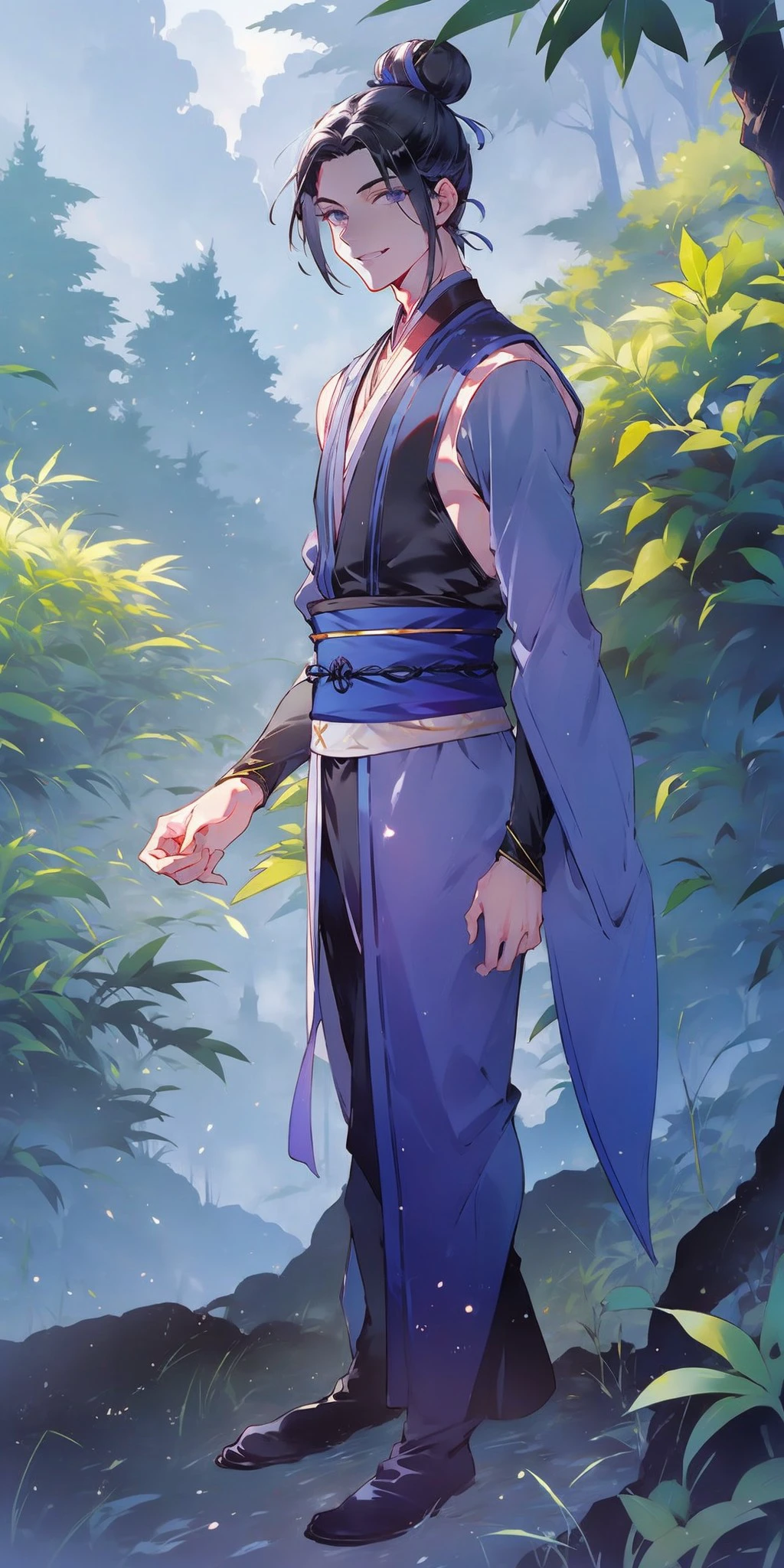 full body, (masterpiece), best quality, expressive eyes, long eyelashes, perfect face male face,   looking at viewer, ebony black hair, parted bangs, top bun, hot smile, wearing a purple hanfu, male hanfu, chinese clothes, in a misty forest with blue skies, green trees, bushes., <lora:12f6e737-6195-489d-a20b-2a17da6b1aba:0.4>, <lora:Flower_field_20230729165144:0.5>, <lora:ac8e3a93-fc4e-4fc7-94b5-1b6d2bd4263e:0.4>, <lora:beautiful_detailed_eyes:0.5>