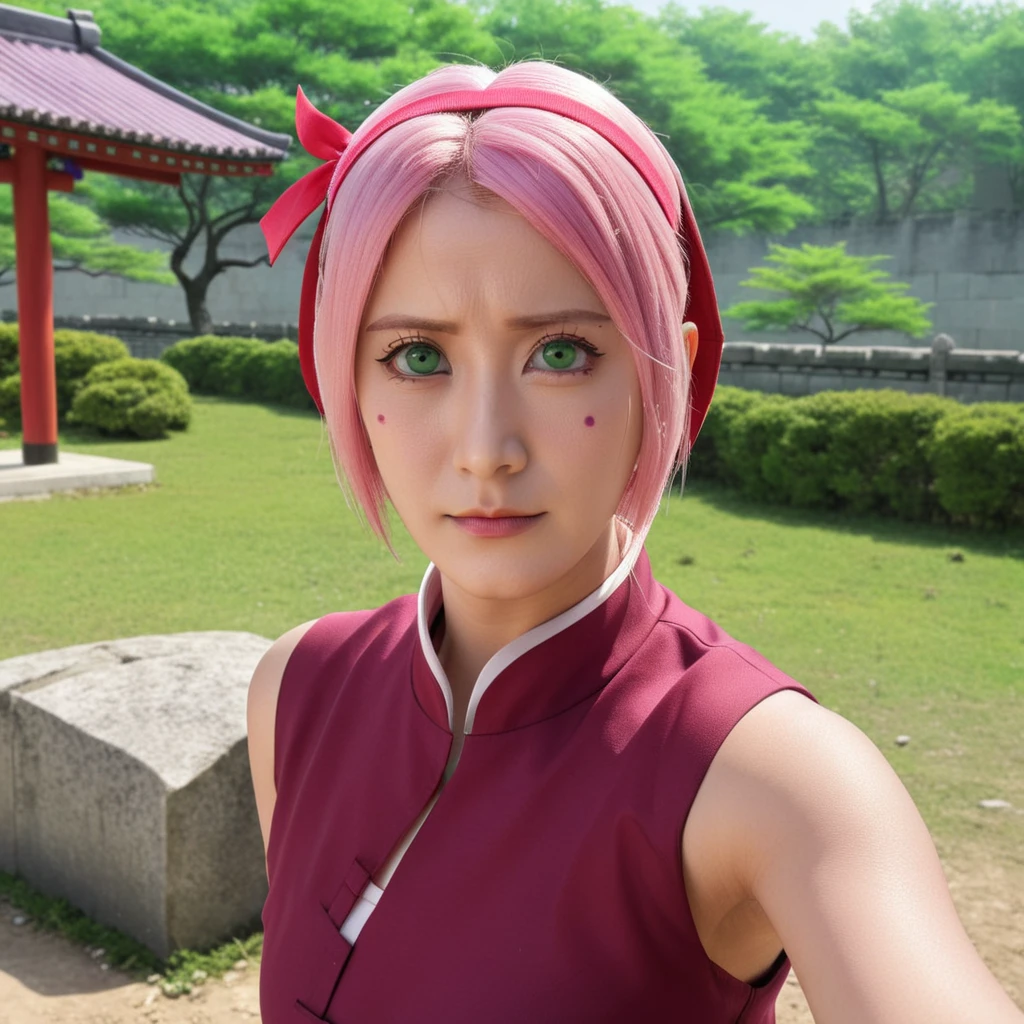 best quality,masterpiece,highres,absurdres,1girl,solo,newest,rating: rating: general,  <lora:Boruto_Sakura_XL:0.9> ,(boruto_sakura_xl, short hair, pink hair, haruno sakura, green eyes,  facial mark, forehead mark, hairband,red hairband),looking at viewer, cowboy shot,china_dress,, <lora:oowoman:0.7>