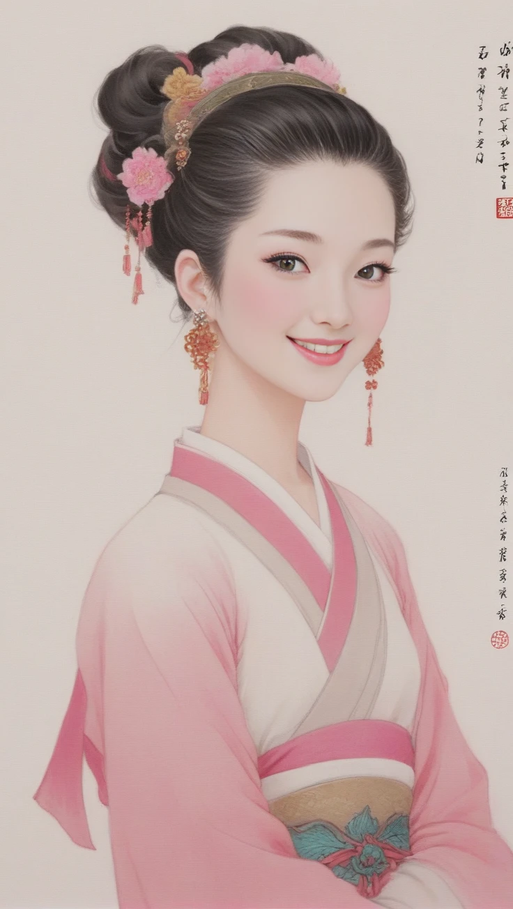 XCYP Ancient Character Painting,(chinese traditional minimalism:1.3), Close-up Portrait, Left View, Chinese eenchanting Maiden, Charming smile, solo,1girl, beautiful ,elegant, pink color matching, white background, hair, hair accessories, earrings,<lora:é²åä¸æ´¾@å½©å¢¨ç¥è¯XL:1>,