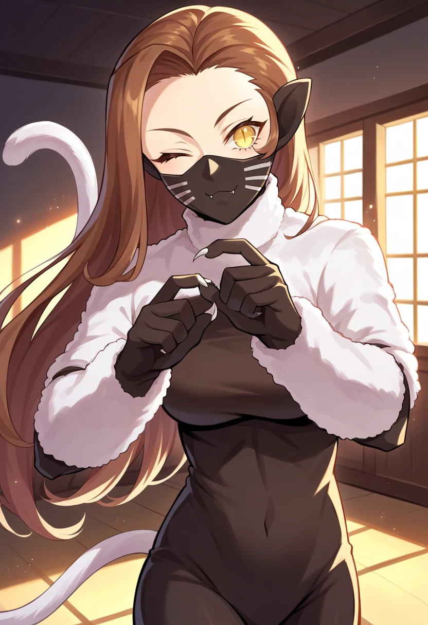 score_9, score_8_up, score_7_up, source_anime BREAK 1girl, solo,
<lora:zs_NekomataXL:1> nekomatasmt, brown hair, long hair, yellow eyes, slit eyes, cat tail, animal ears, claws, face mask, bodysuit, bolero,
cowboy shot, night club, indoors, dark, dynamic pose, wink