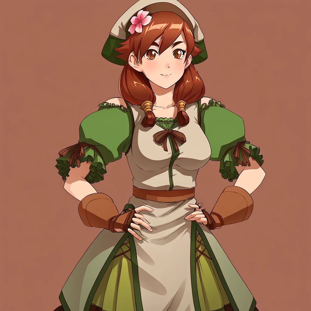 the anime girl is wearing an ornate outfit in green and white, 1girl, solo, brown hair, hat, hands on hips, brown eyes, smile, gloves, flower, simple background, white background, looking at viewer,a female anime character with red hair, green or blue dress and green/brown shoes, 1girl, solo, brown hair, hat, hands on hips, brown eyes, smile, gloves, flower, simple background, white background, looking at viewer