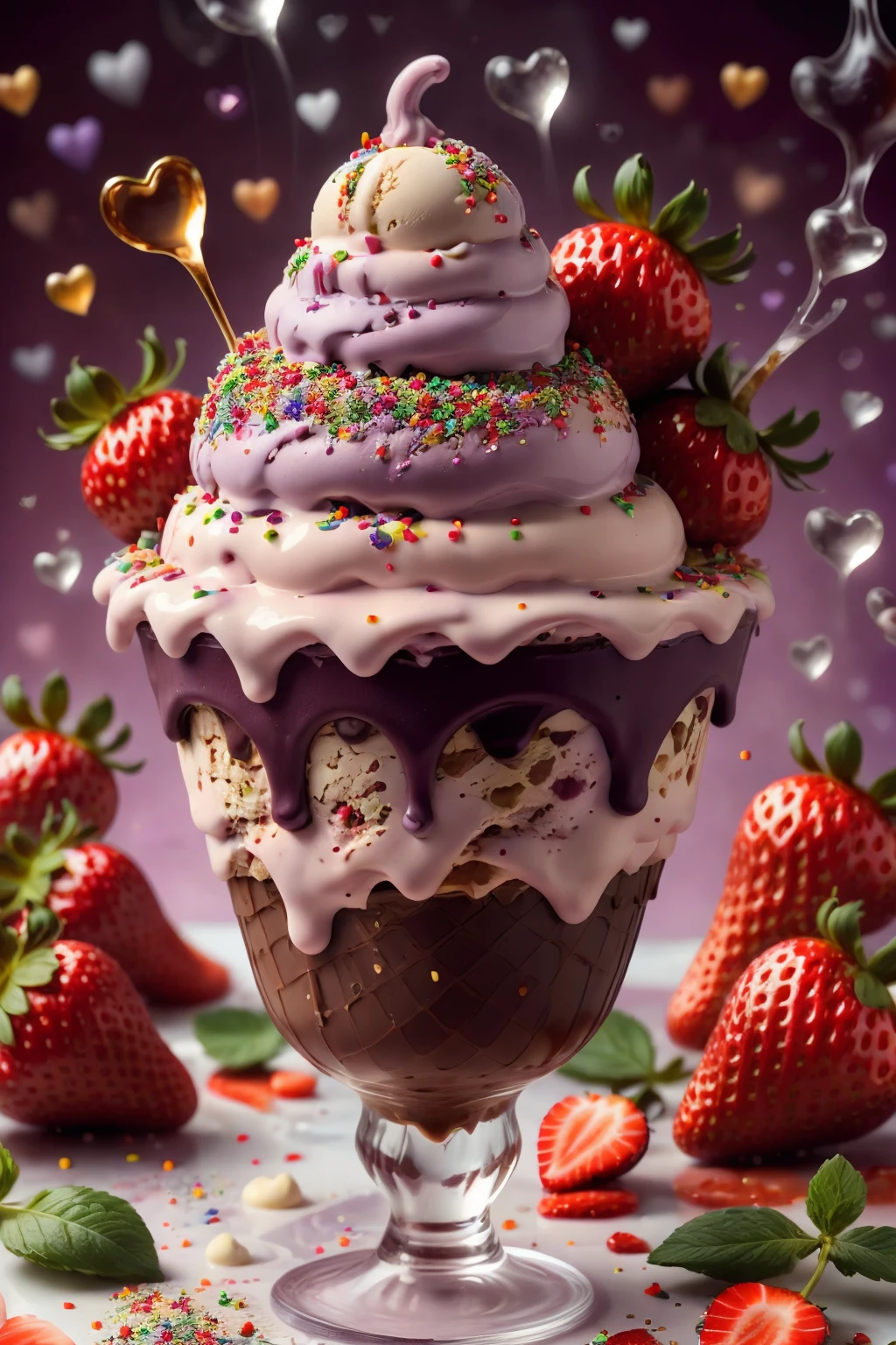 ((best quality)),absurdres,(ultra high res), ice cream, a dessert with purple ice cream, strawberries and sprinkles, extremely detailed, <lora:icecream:0.75>