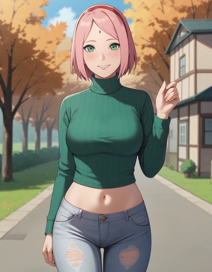 score_9,score_8_up,score_7_up, source_anime, green sweater, ribbed sweater, turtleneck sweater, slutty, blush, smile, 1girl, outdoors, looking at viewer, nsfw, cowboy shot, sakurabr, haruno sakura, 1girl, forehead mark, red hairband <lora:SakuraAdamW8-10:1> ripped jeans, midriff, navel, long sleeves, autumn, mature female, village